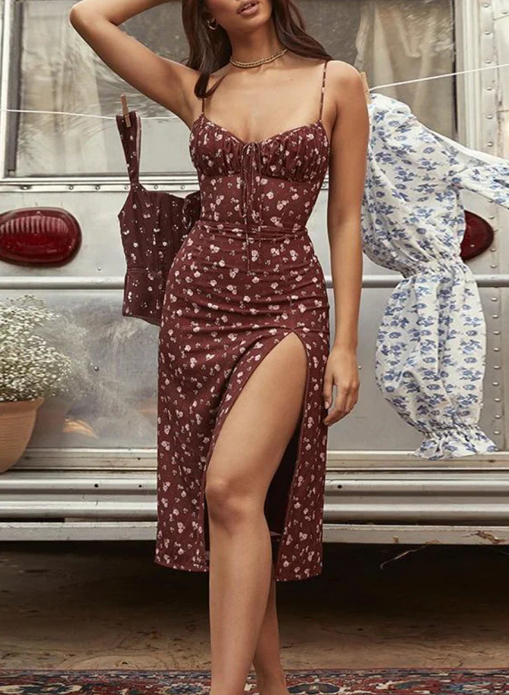 Çiçekli Yırtmaçlı Midi Elbise - Riosso