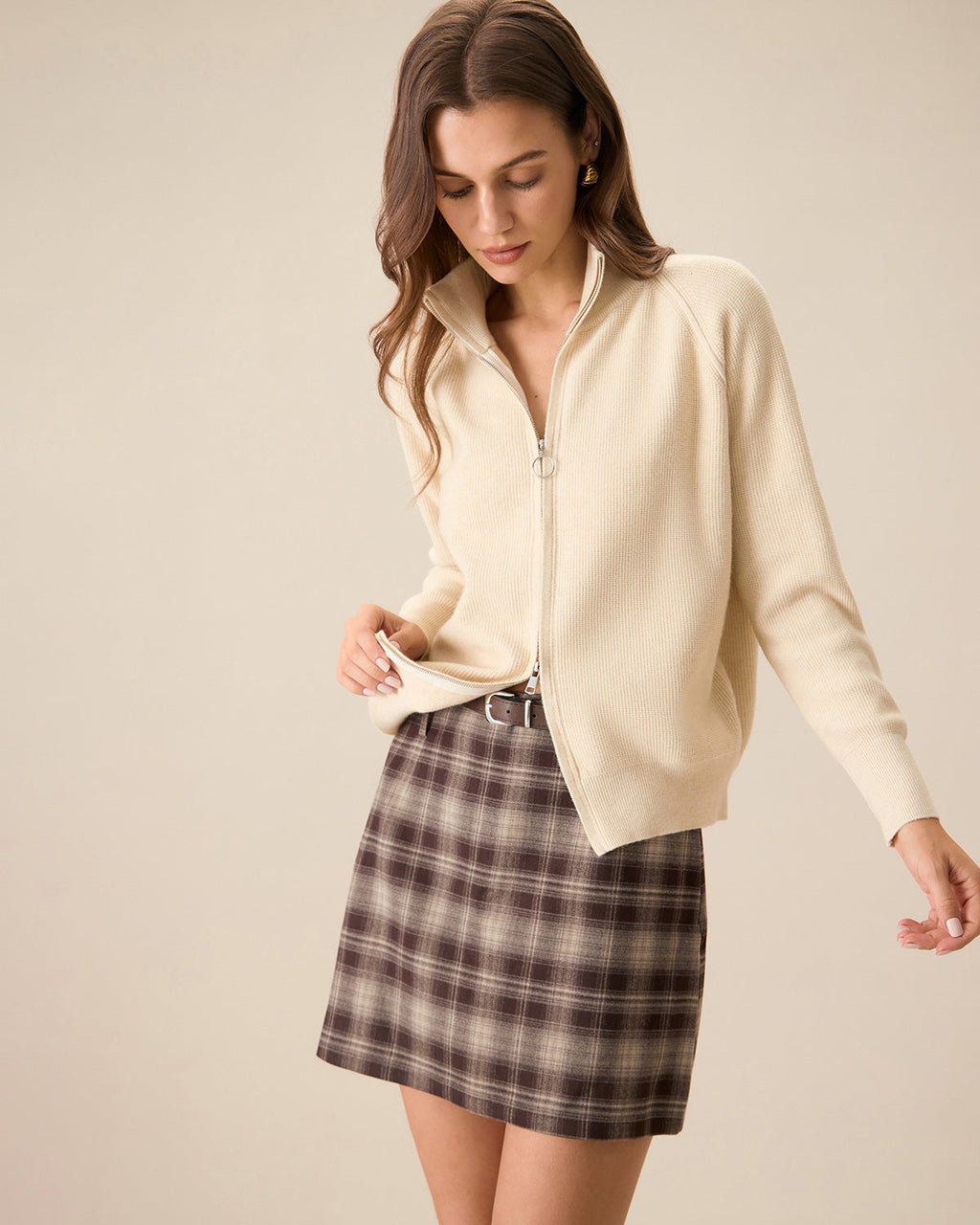 Μπεζ Πλεκτό Ζακέτα Με Φερμουάρ Και Ριμπ Ύφανση