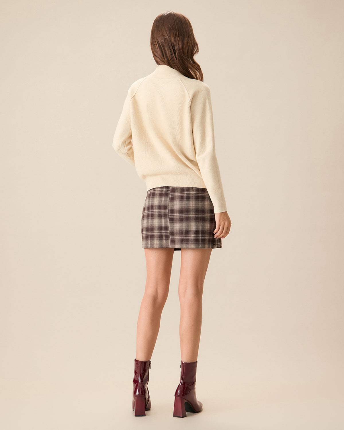 Μπεζ Πλεκτό Ζακέτα Με Φερμουάρ Και Ριμπ Ύφανση