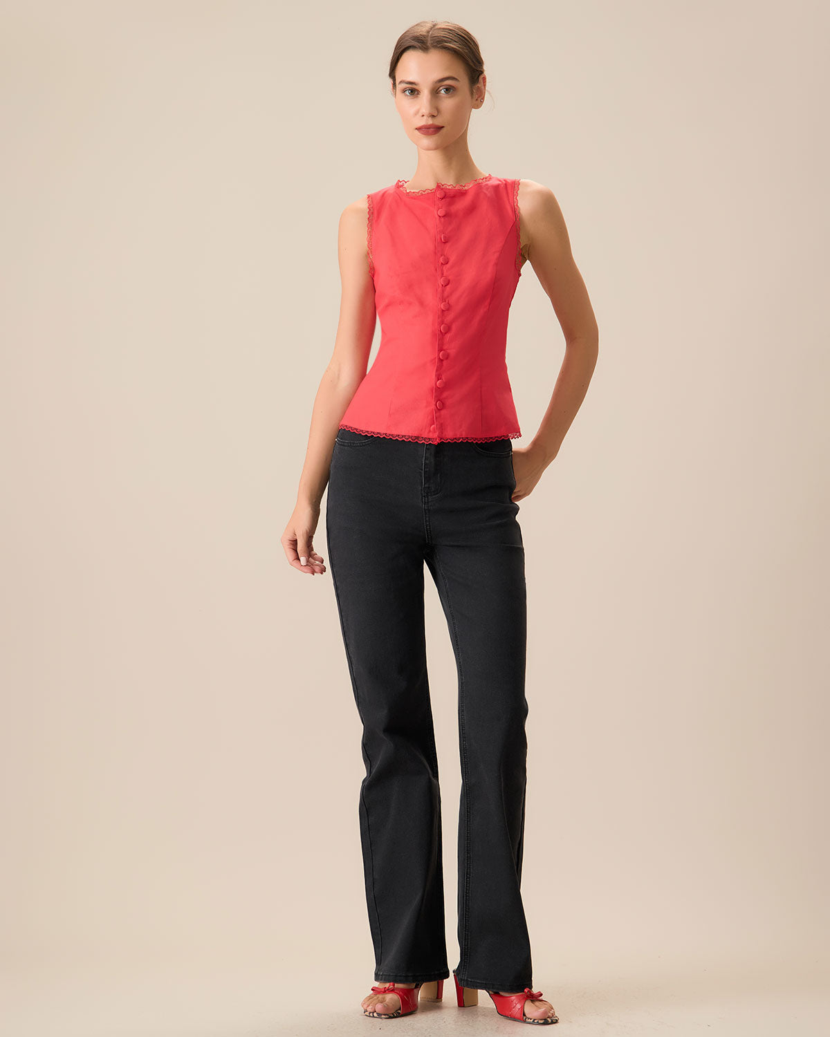 Κόκκινο Γιλέκο Με Λαιμόκοψη Από Βαμβάκι Και Λινό