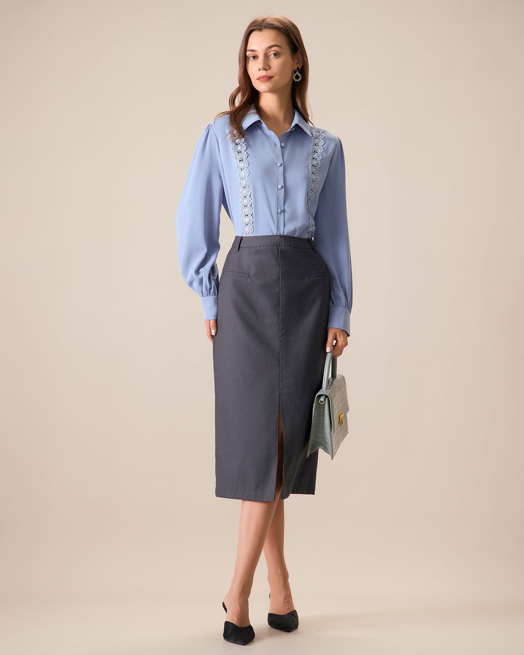 Μπλε Πουκάμισο Με Δαντέλα Και Λεπτομέρειες