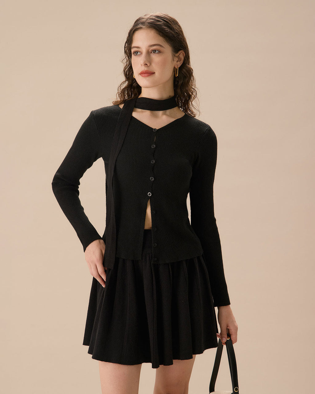 Μαύρη Πλεκτή Λεπτή Ζακέτα Με Ριμπ Ύφανση