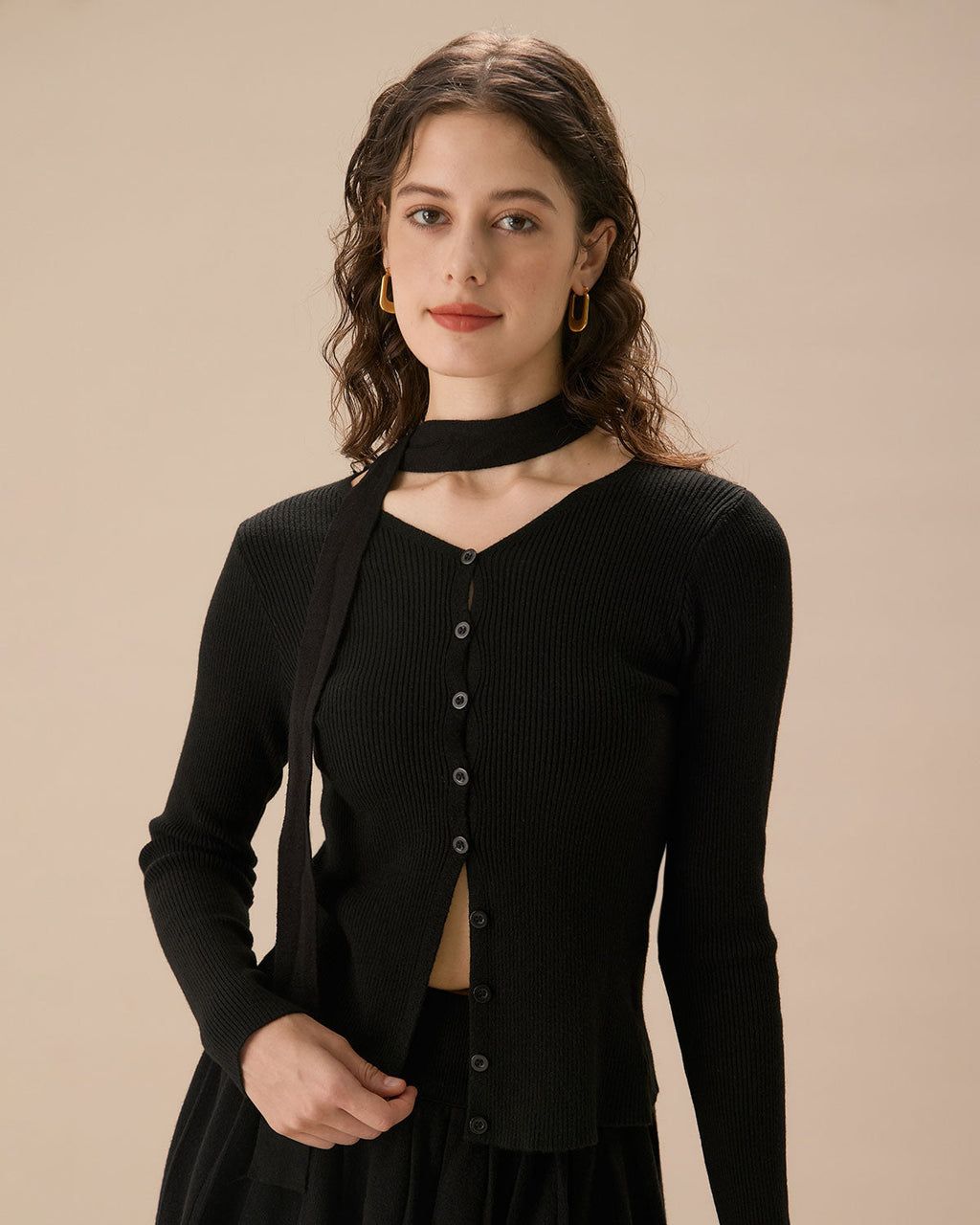 Μαύρη Πλεκτή Λεπτή Ζακέτα Με Ριμπ Ύφανση