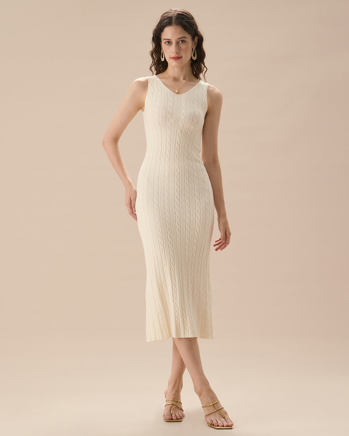 Μπεζ Πλεκτό Φόρεμα-Πουλόβερ Με Ριμπ Ύφανση