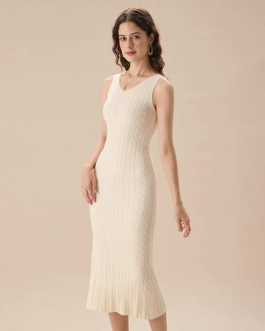 Μπεζ Πλεκτό Φόρεμα-Πουλόβερ Με Ριμπ Ύφανση