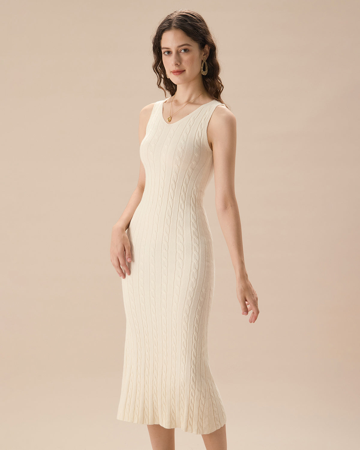 Μπεζ Πλεκτό Φόρεμα-Πουλόβερ Με Ριμπ Ύφανση
