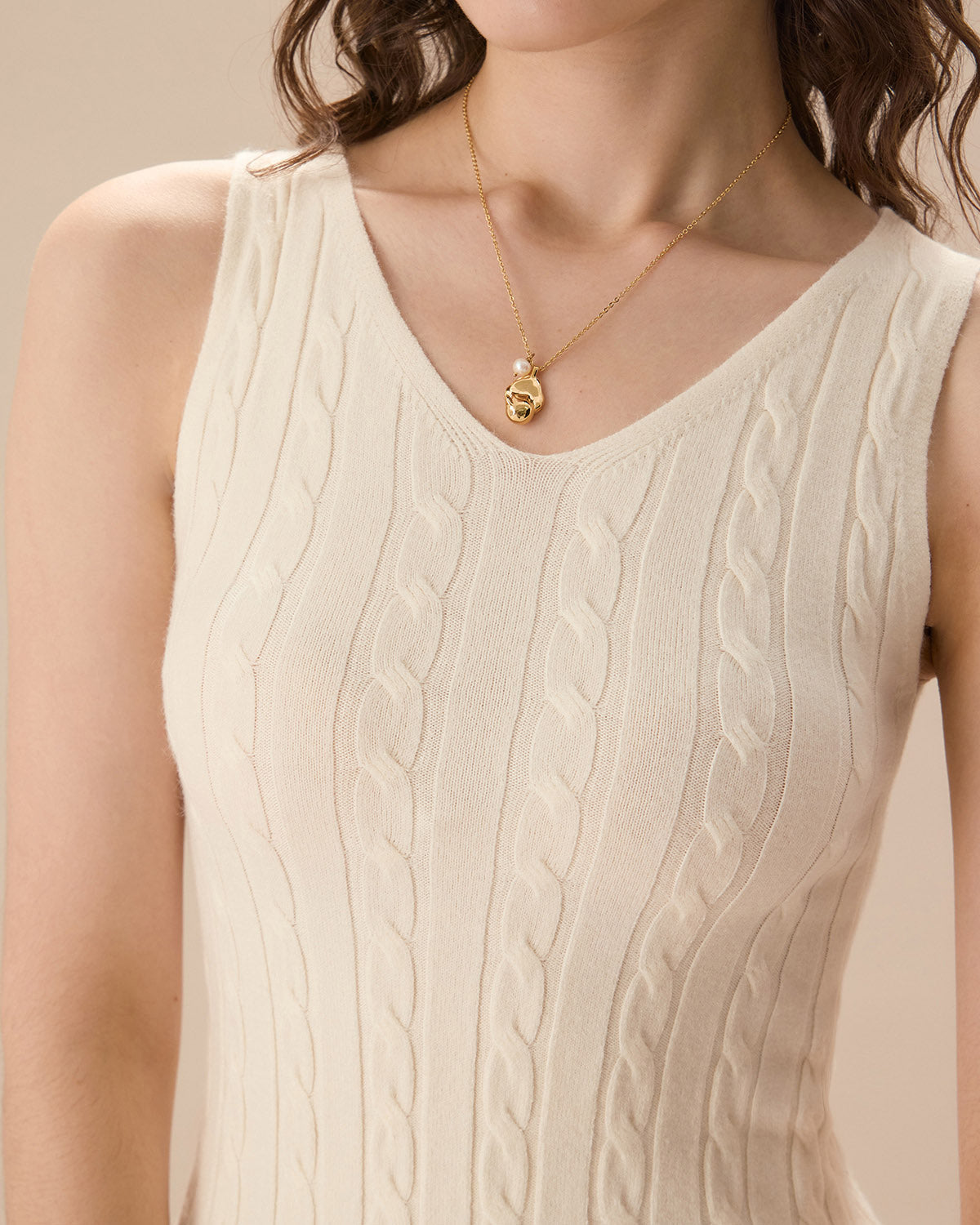 Μπεζ Πλεκτό Φόρεμα-Πουλόβερ Με Ριμπ Ύφανση
