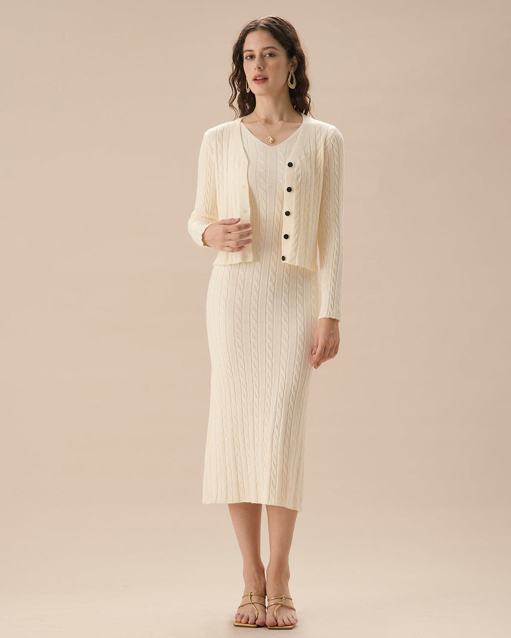 Μπεζ Πλεκτό Φόρεμα-Πουλόβερ Με Ριμπ Ύφανση