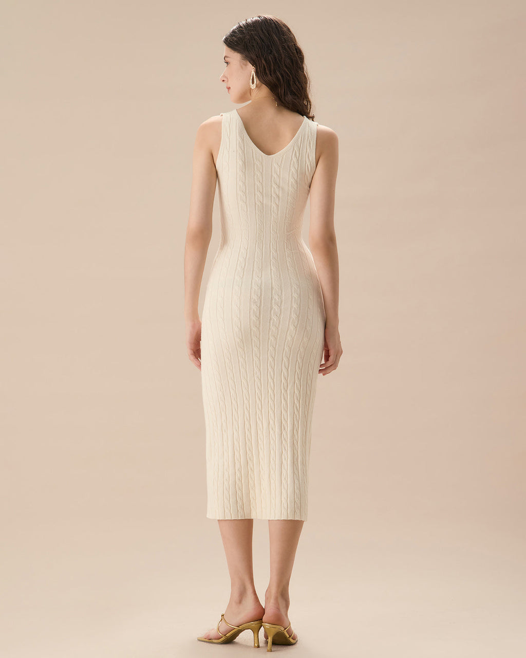 Μπεζ Πλεκτό Φόρεμα-Πουλόβερ Με Ριμπ Ύφανση