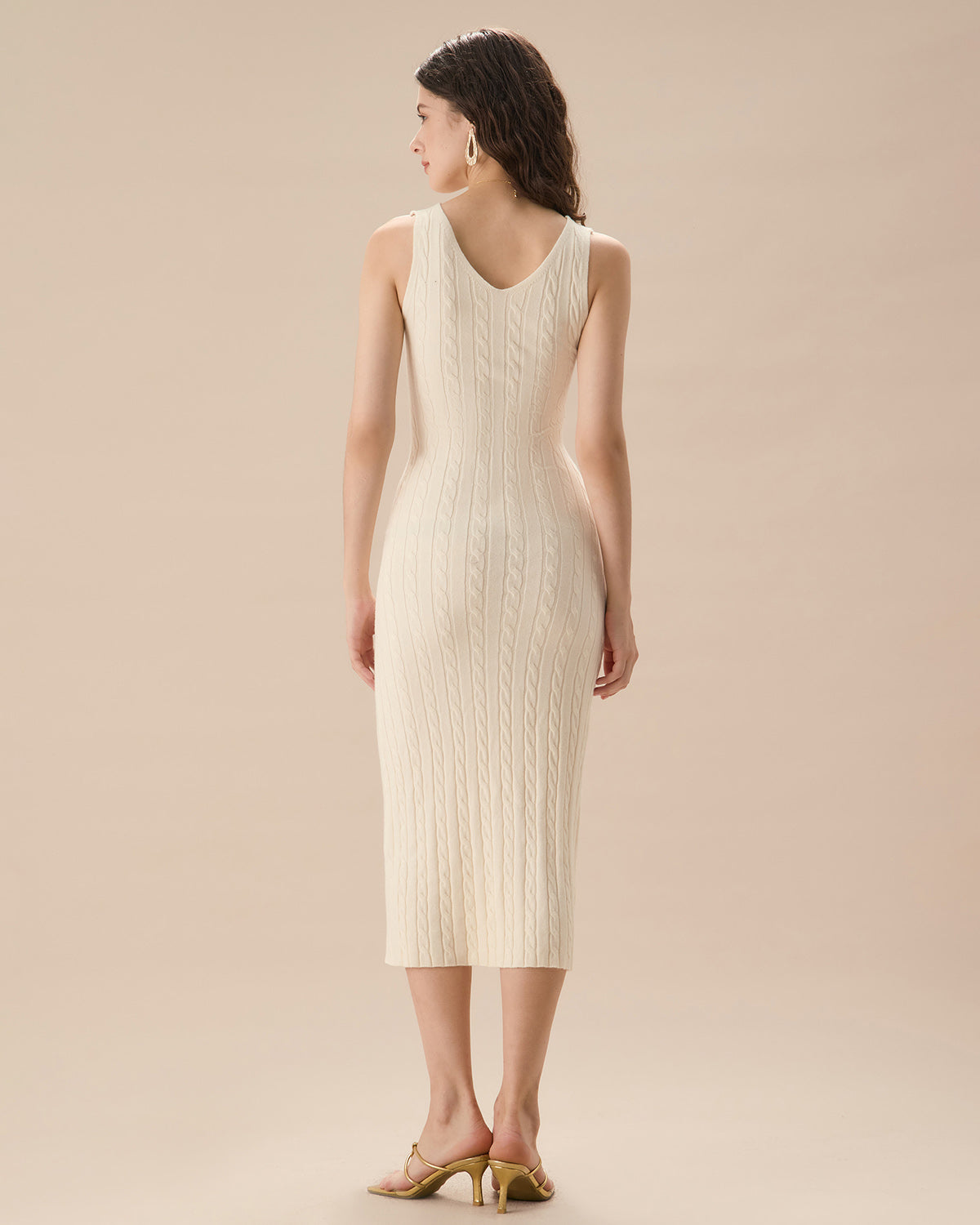 Μπεζ Πλεκτό Φόρεμα-Πουλόβερ Με Ριμπ Ύφανση