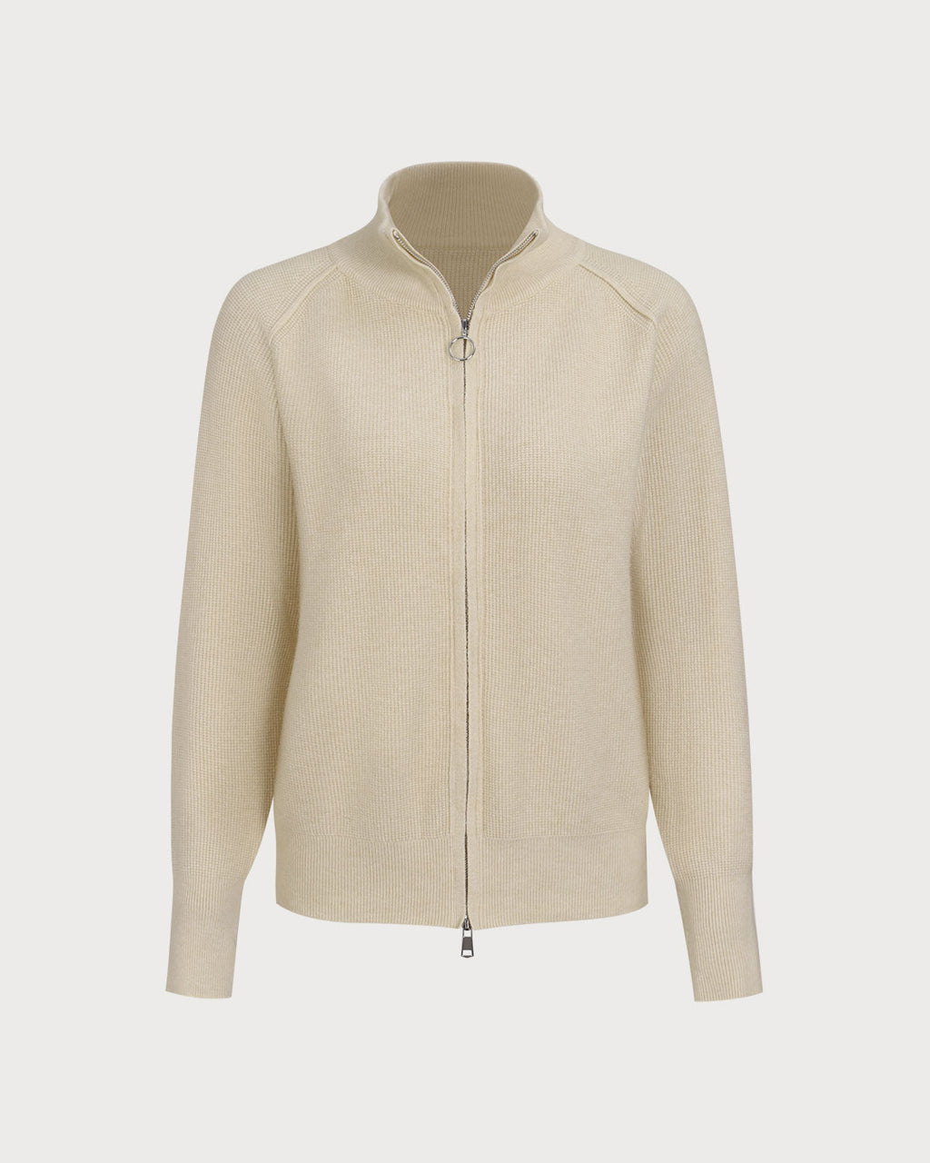 Μπεζ Πλεκτό Ζακέτα Με Φερμουάρ Και Ριμπ Ύφανση