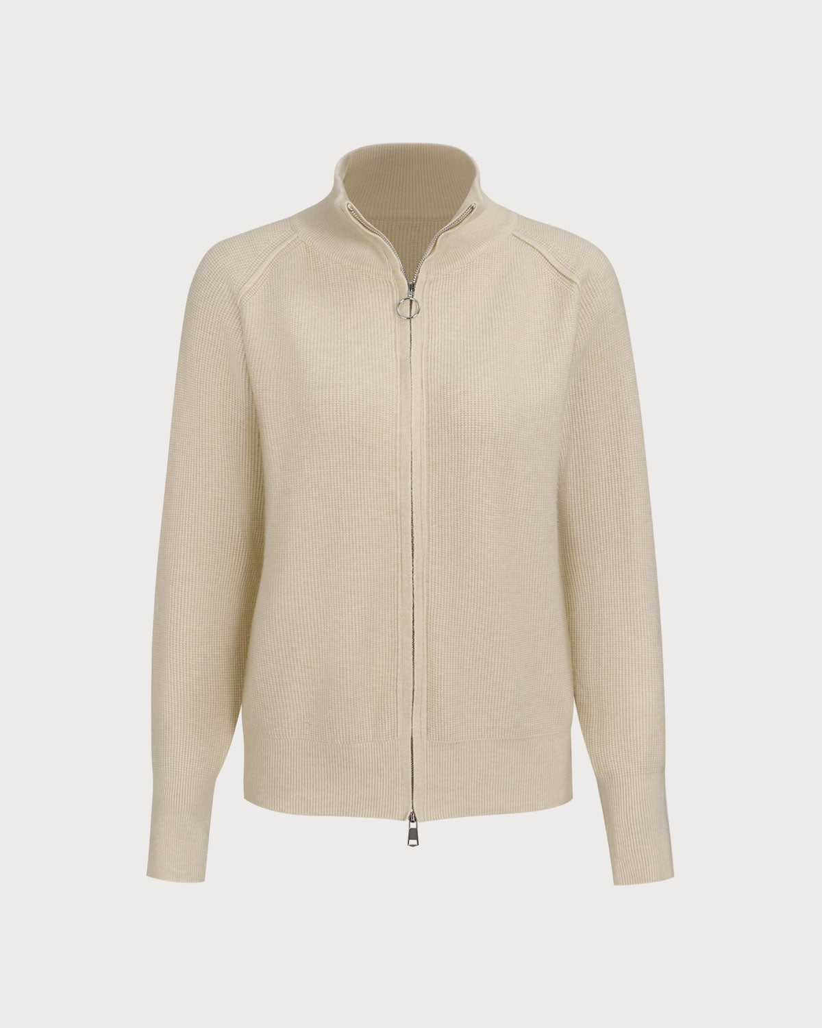 Μπεζ Πλεκτό Ζακέτα Με Φερμουάρ Και Ριμπ Ύφανση