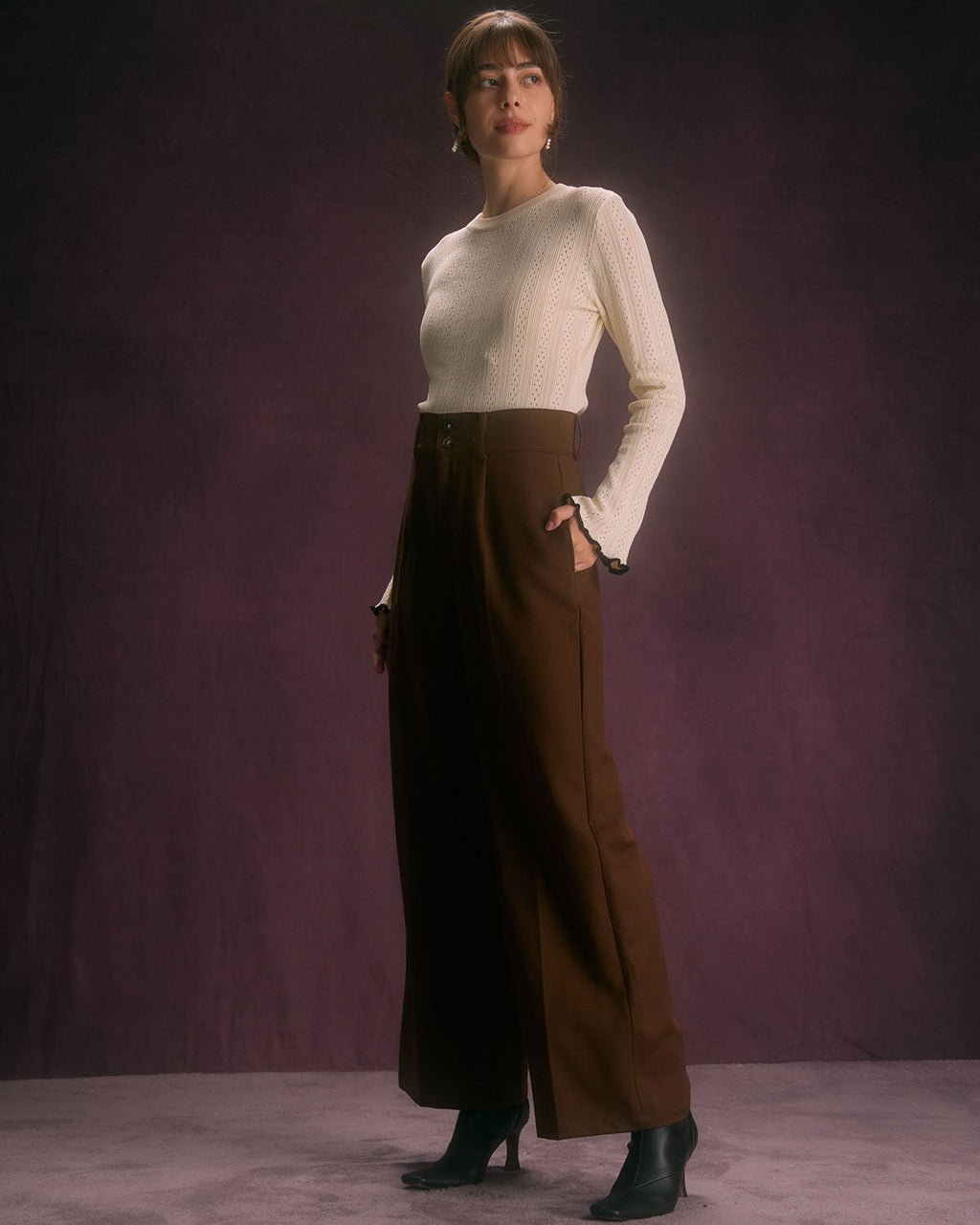 Καφέ Ίσιο Παντελόνι Με Κουμπιά Και Λοξές Τσέπες