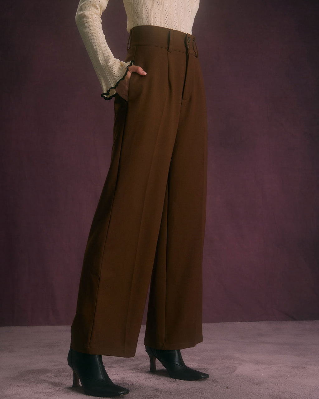 Καφέ Ίσιο Παντελόνι Με Κουμπιά Και Λοξές Τσέπες