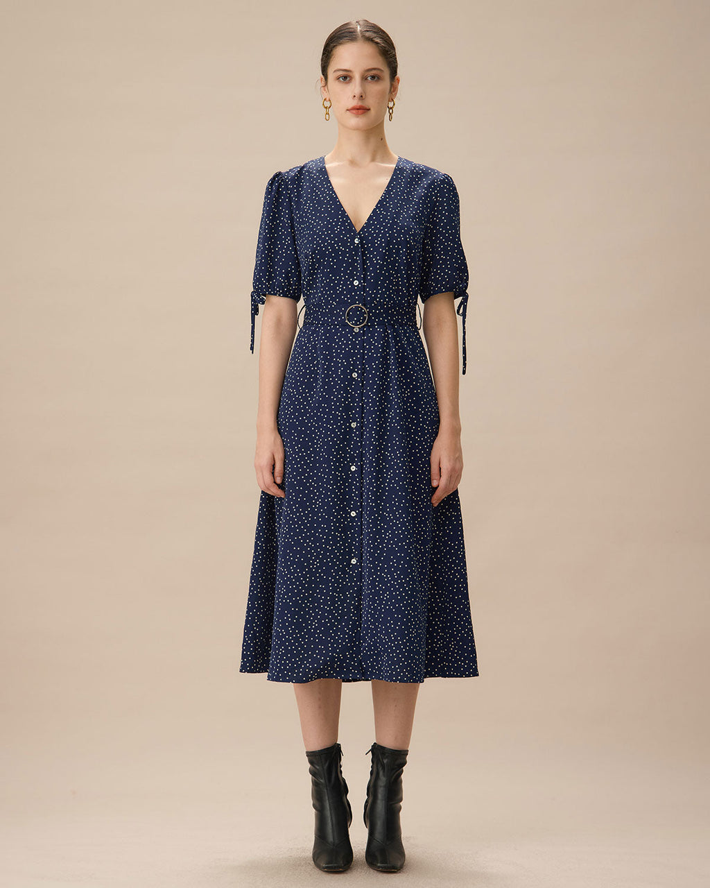 Φόρεμα Μίντι Με Ζώνη Και Σχέδιο Σε Μπλε Σκούρο Χρώμα Με Πουά Σχέδιο