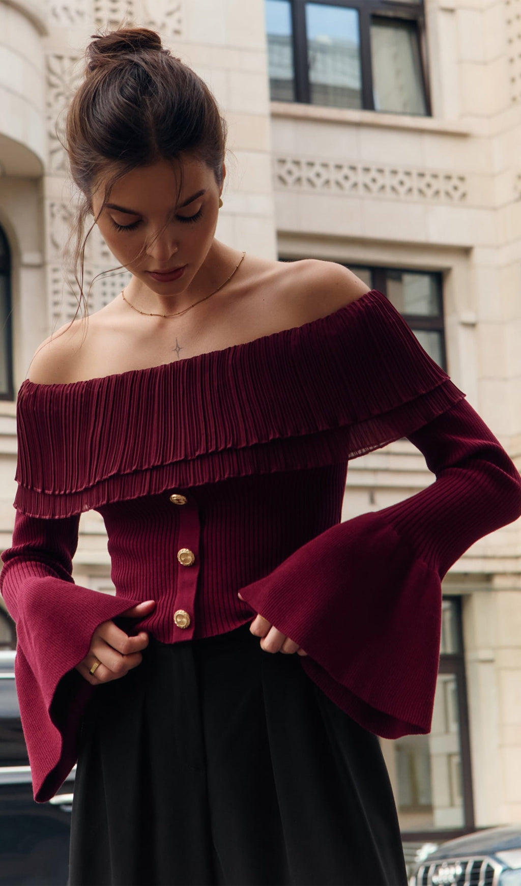 Μπλούζα Flier Starplez Με Βολάν Και Κουμπιά - Μπορντό