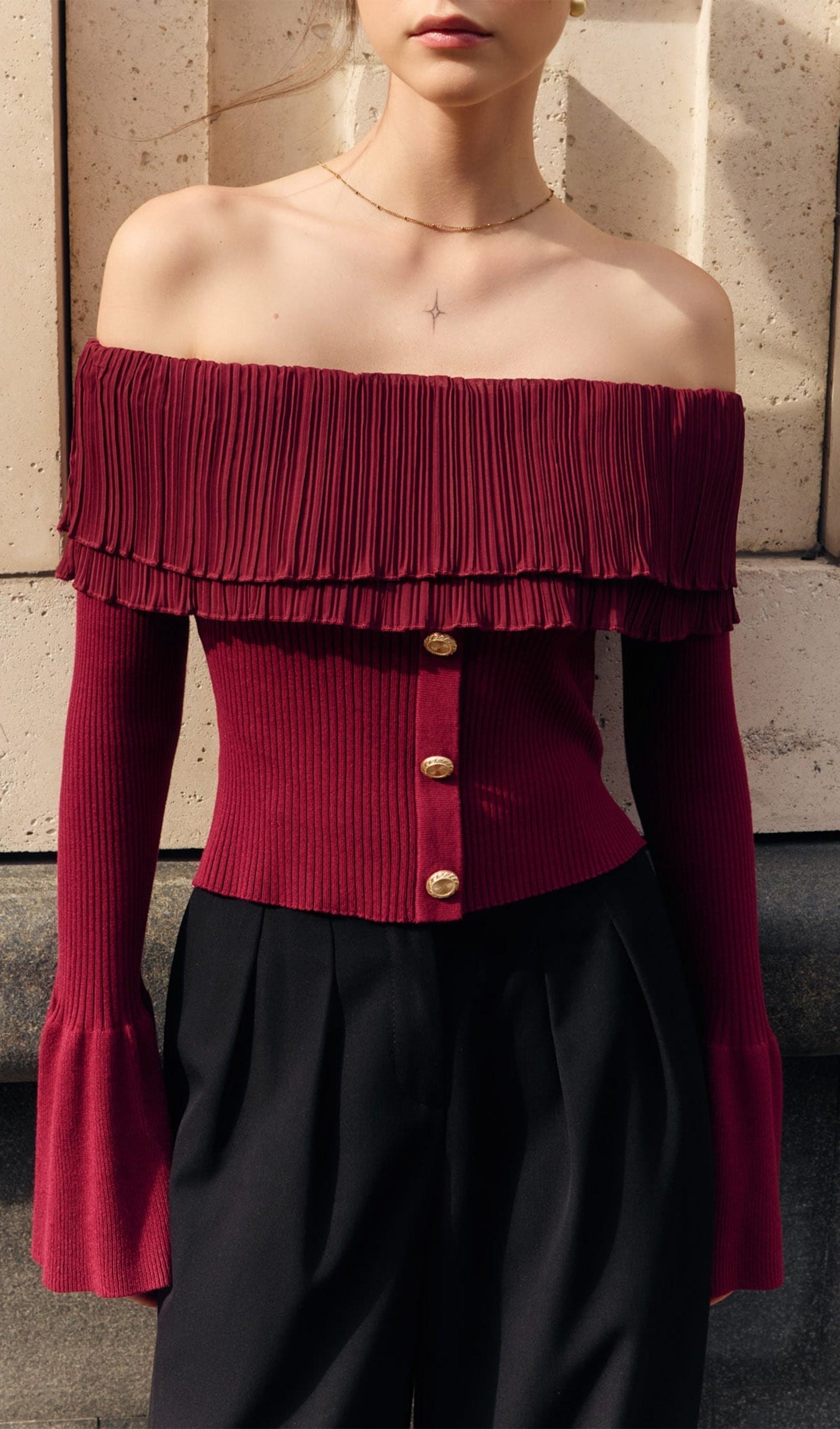 Μπλούζα Flier Starplez Με Βολάν Και Κουμπιά - Μπορντό