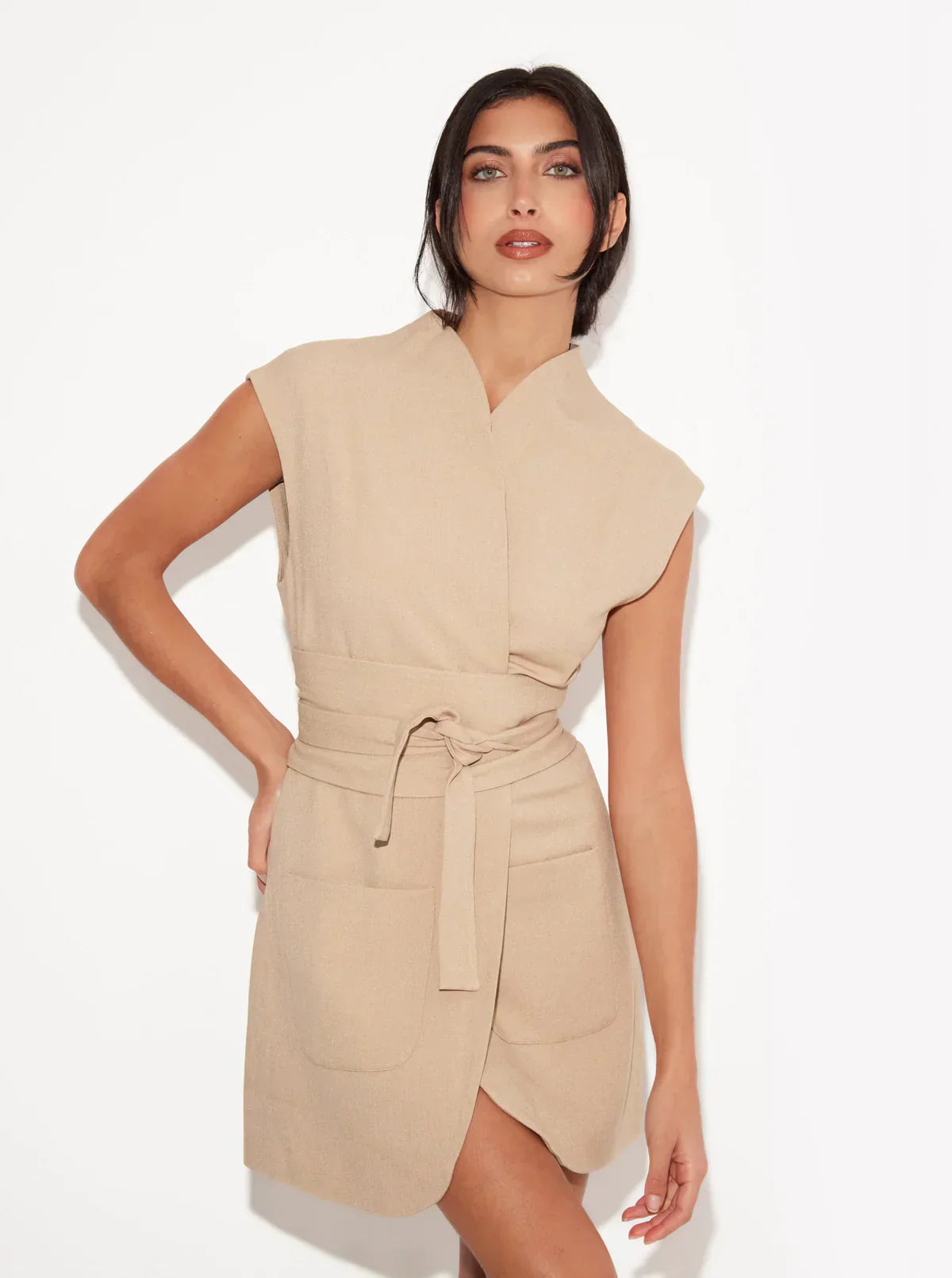 Ruıs Kemerli Ceket Elbise | Bej - Riosso