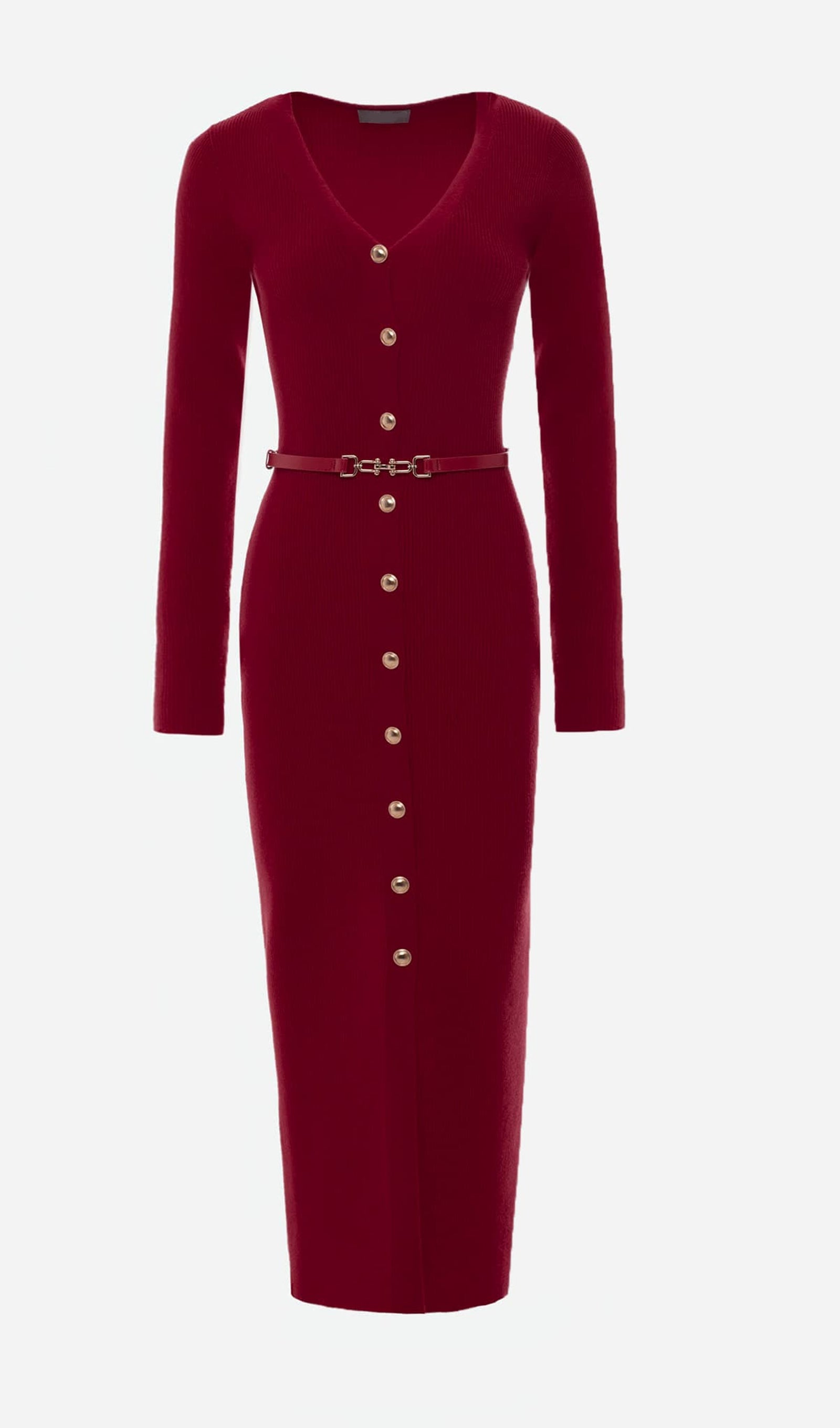 Πλεκτό Φόρεμα Μίντι Με Ζώνη Και V-Neck - Κόκκινο