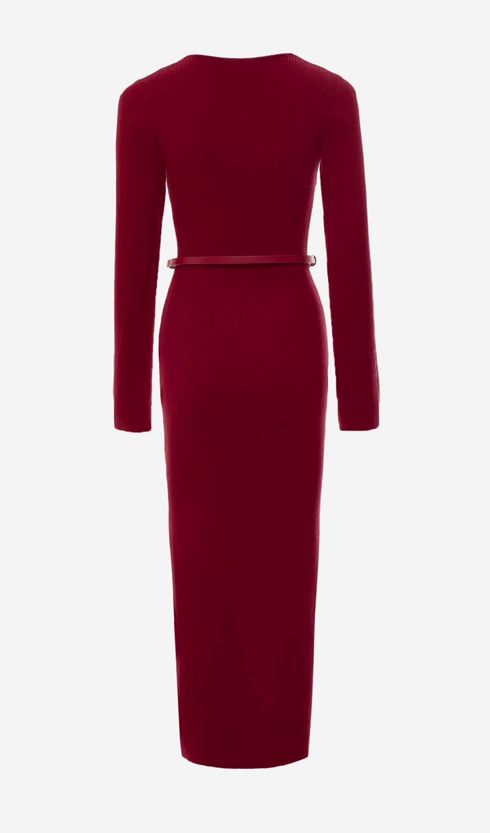 Πλεκτό Φόρεμα Μίντι Με Ζώνη Και V-Neck - Κόκκινο