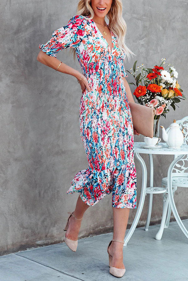 Floral Gipeli Midi Elbise - Riosso