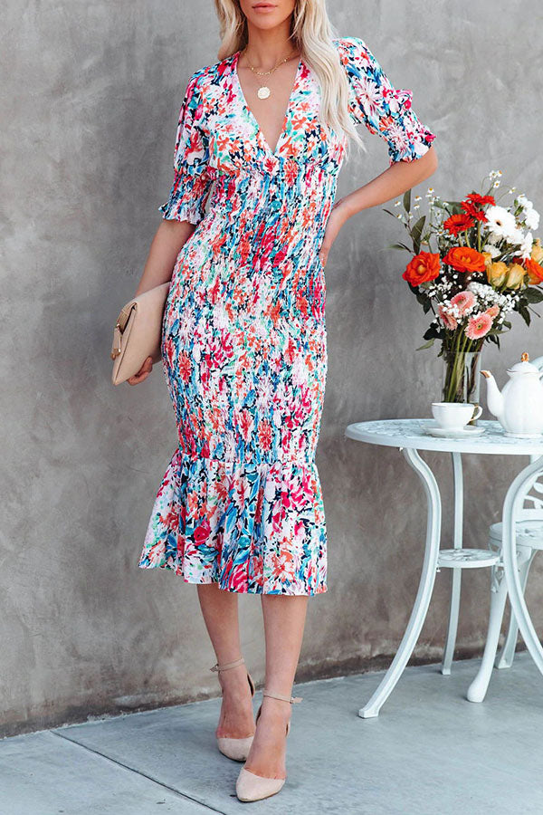 Floral Gipeli Midi Elbise - Riosso