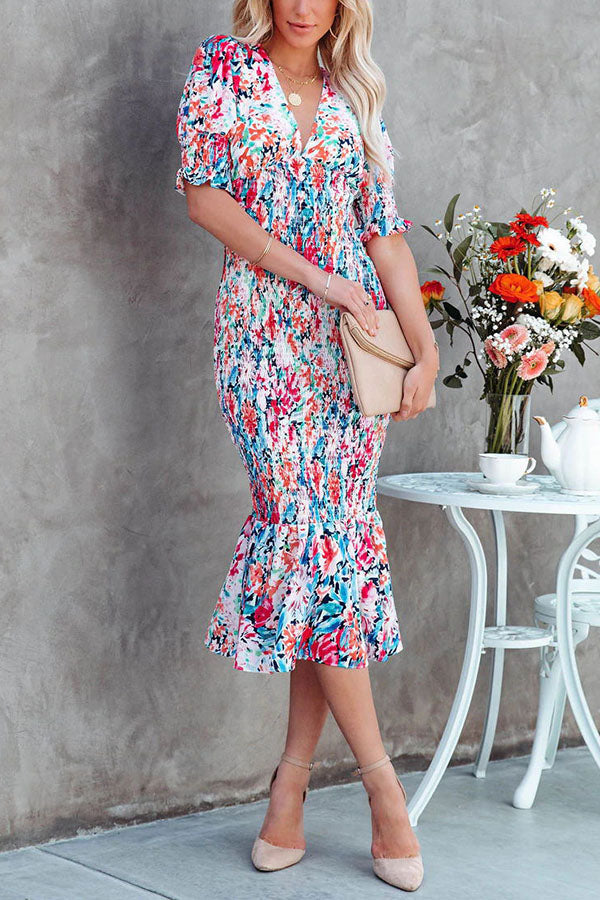 Floral Gipeli Midi Elbise - Riosso