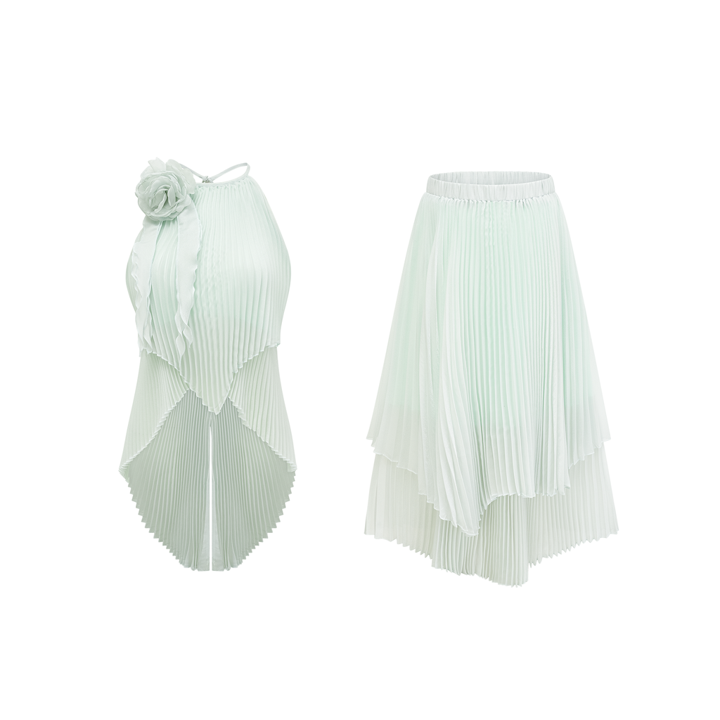 Σετ Ασορτί Πλισέ Τοπ Και Φούστα Fabrizia Με Ψεύτικα Λουλούδια