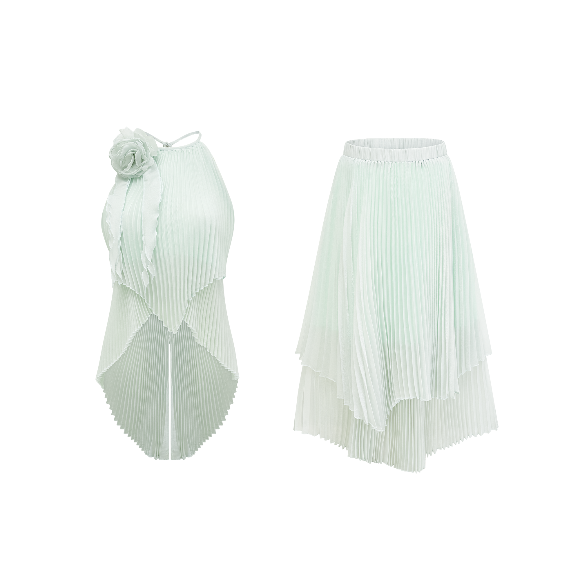 Σετ Ασορτί Πλισέ Τοπ Και Φούστα Fabrizia Με Ψεύτικα Λουλούδια