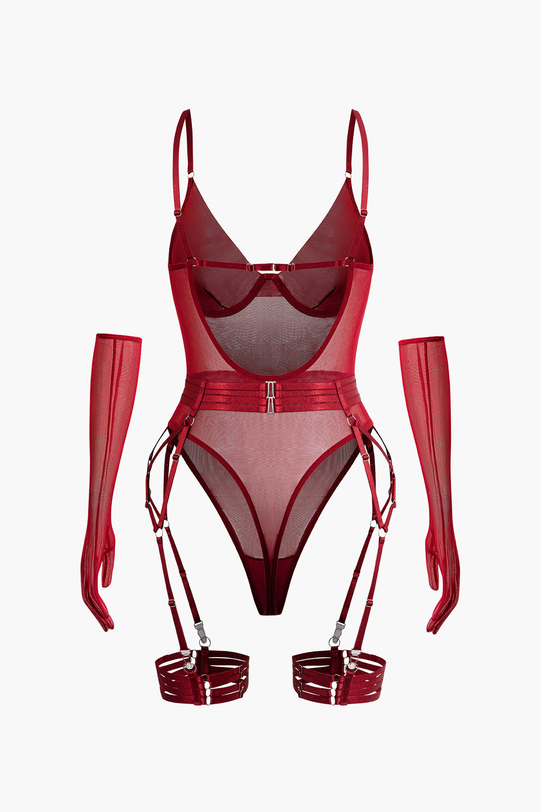 Διαφανές Κορμάκι Με Ζώνη Και Γάντια, Χωρίς Πλάτη Και Διαφανές Πλέγμα