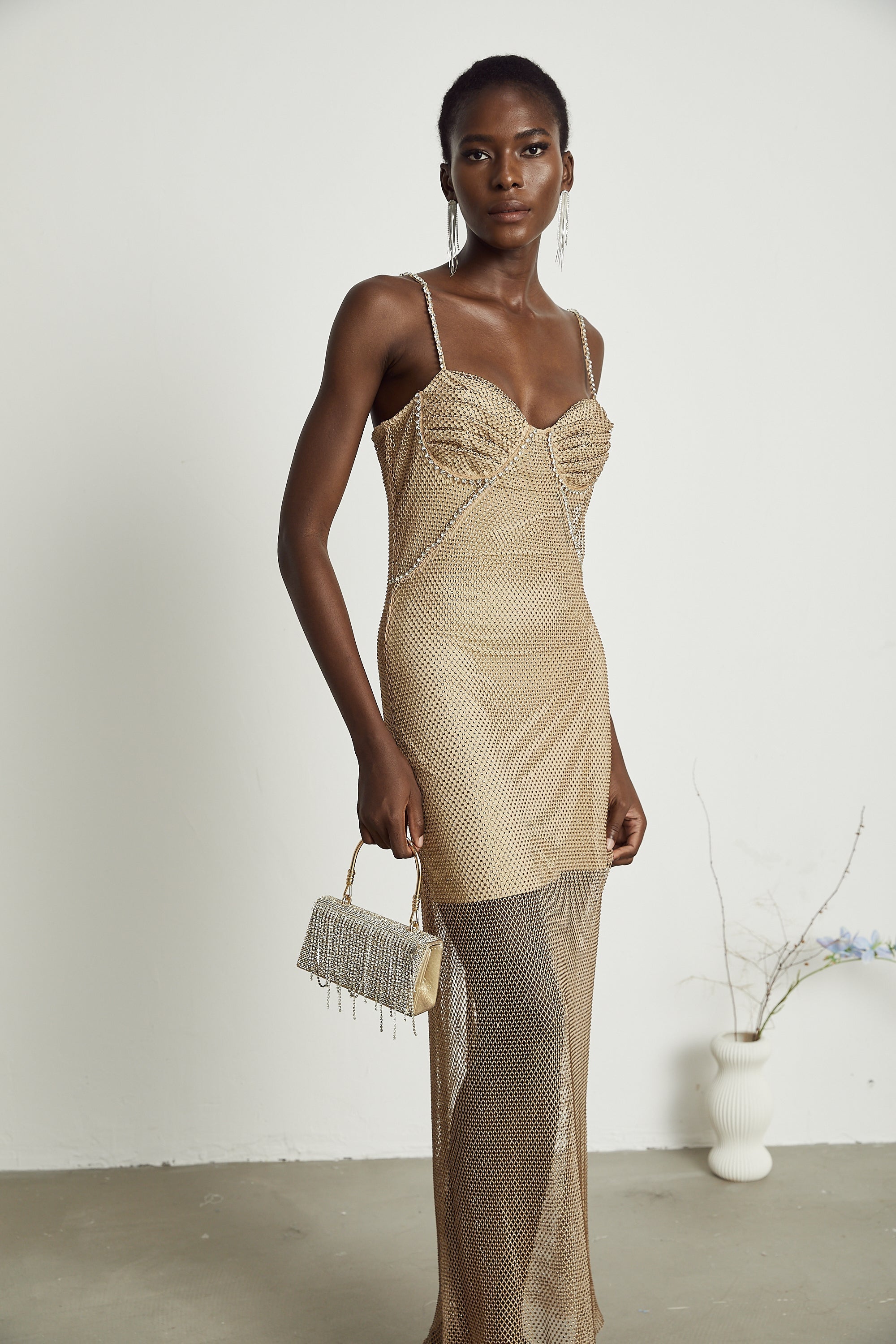 Χρυσό Φόρεμα Μίντι Διακοσμημένο Με Κρύσταλλα Δελφίνι