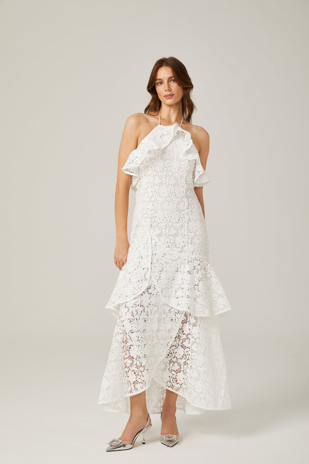 Sancia Λευκό Βολάν Guipure Δαντελένιο Φόρεμα