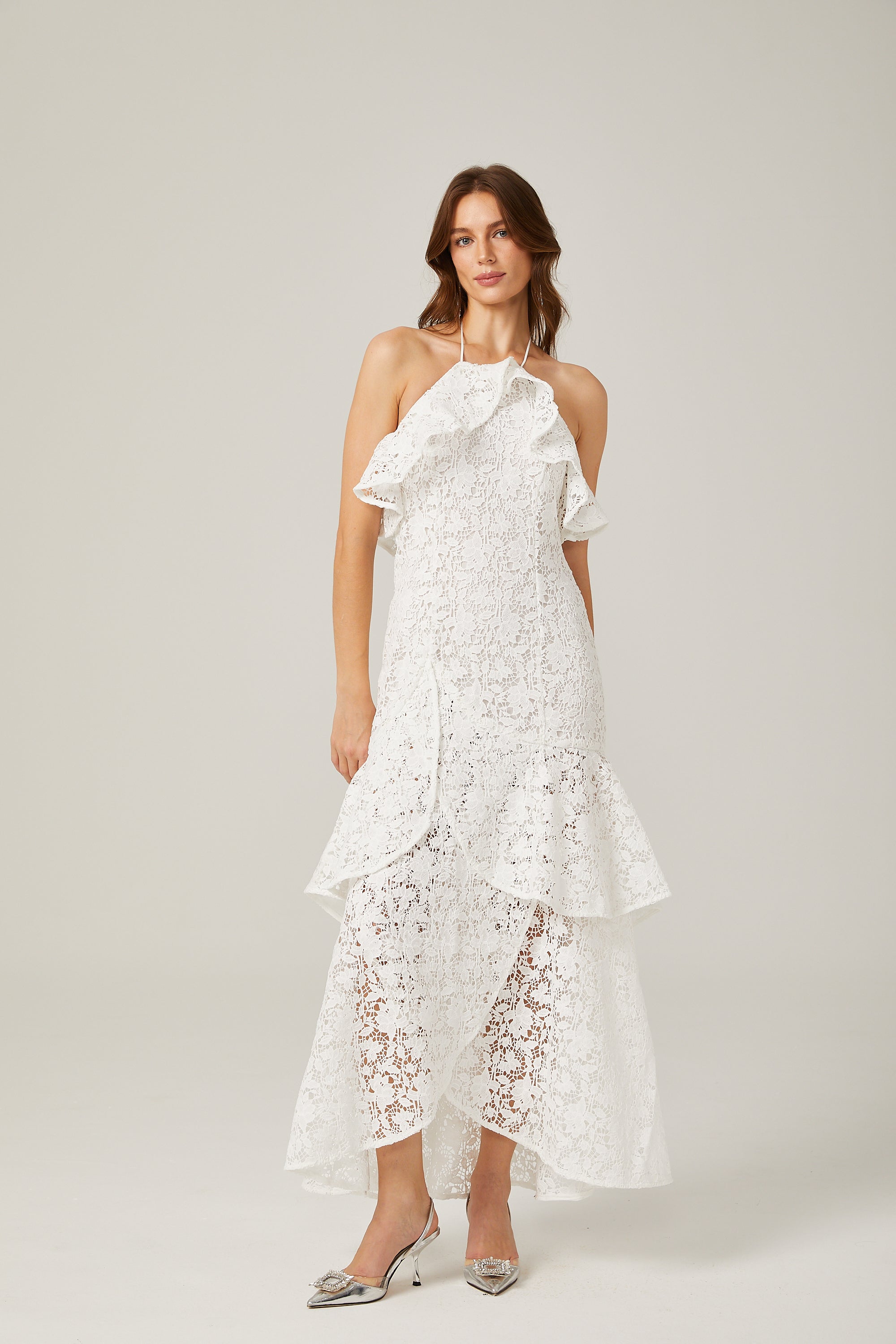 Sancia Λευκό Βολάν Guipure Δαντελένιο Φόρεμα