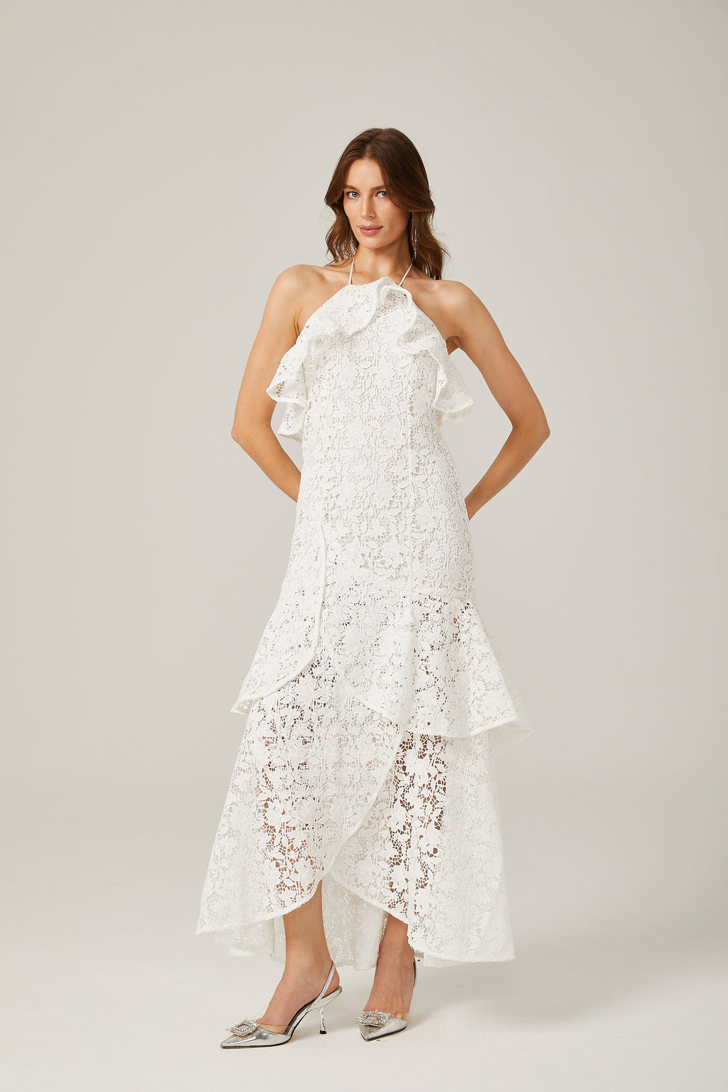 Sancia Λευκό Βολάν Guipure Δαντελένιο Φόρεμα