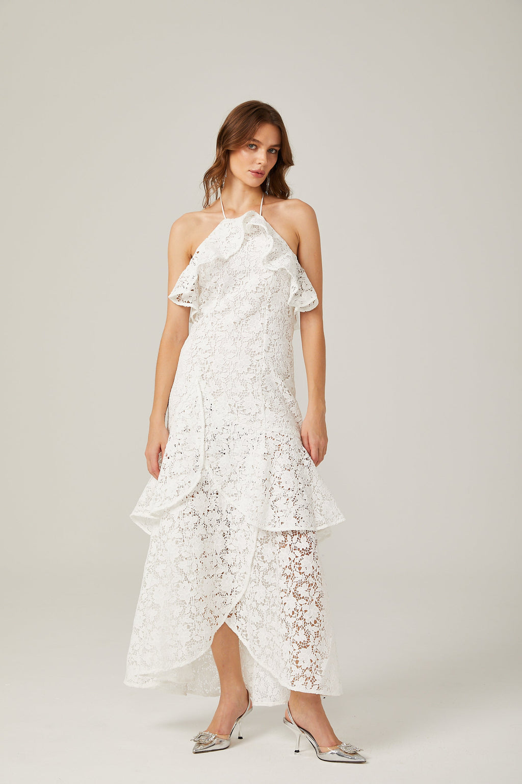 Sancia Λευκό Βολάν Guipure Δαντελένιο Φόρεμα