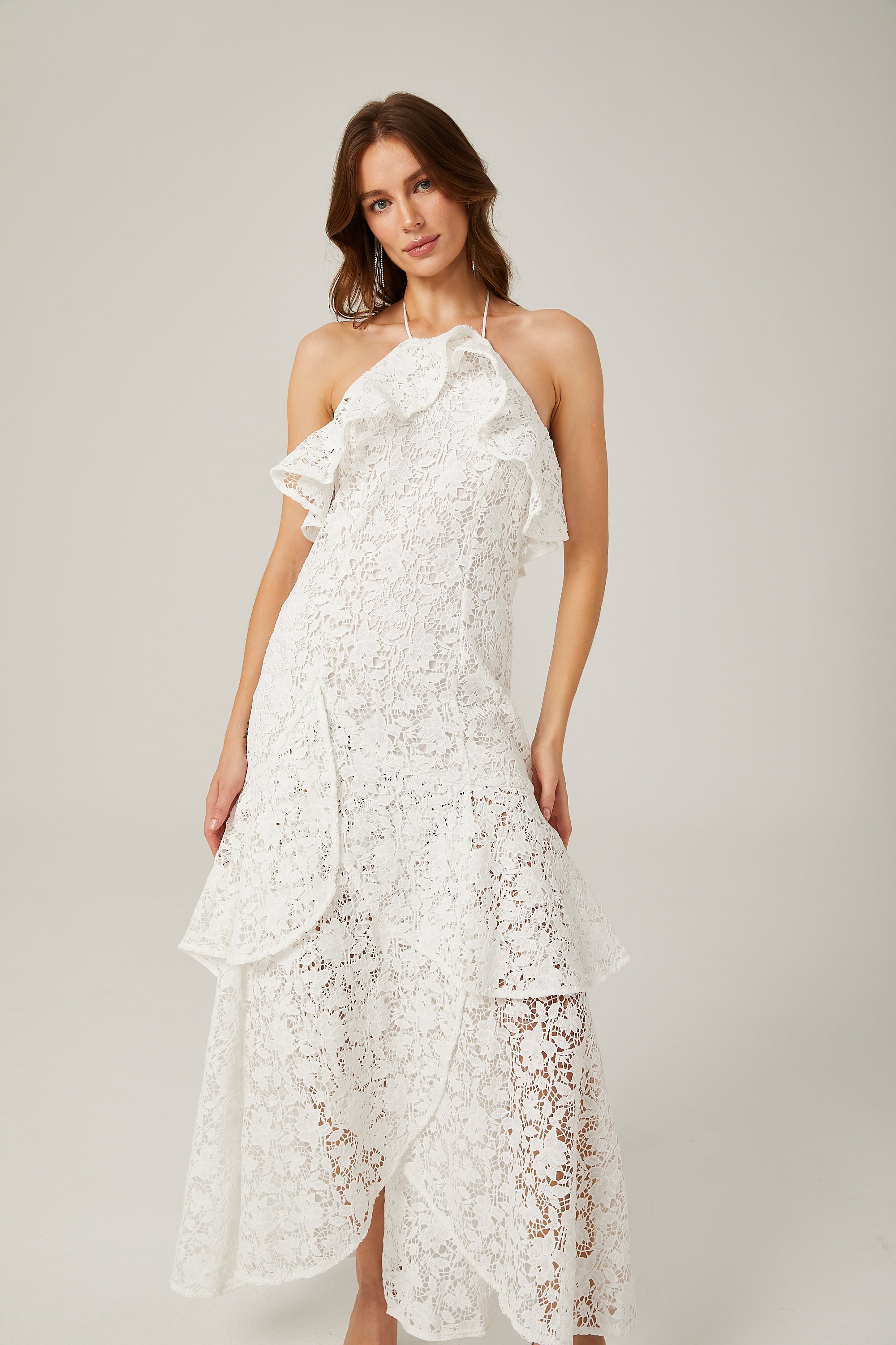 Sancia Λευκό Βολάν Guipure Δαντελένιο Φόρεμα