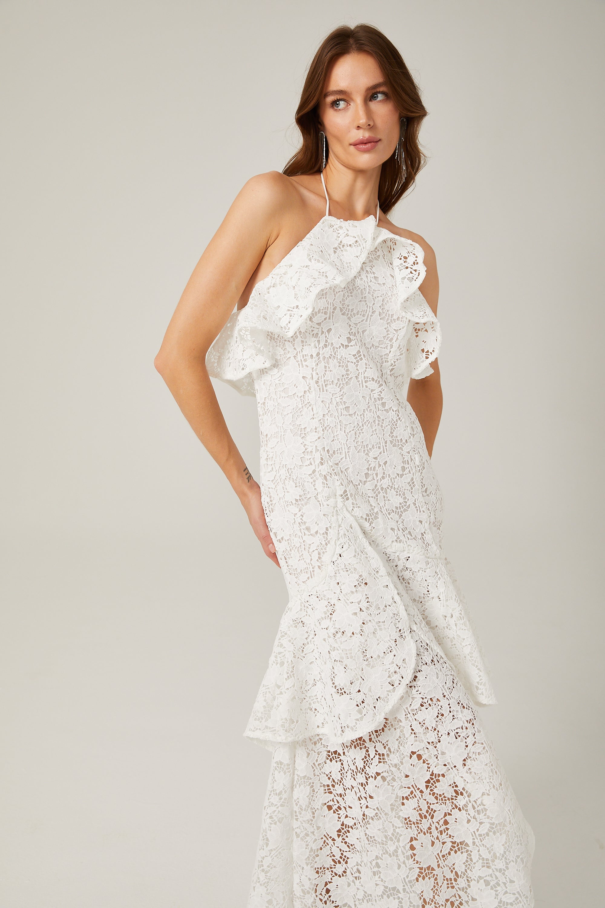 Sancia Λευκό Βολάν Guipure Δαντελένιο Φόρεμα