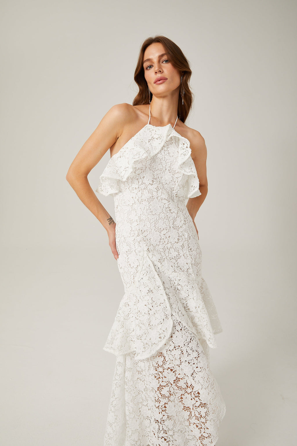 Sancia Λευκό Βολάν Guipure Δαντελένιο Φόρεμα