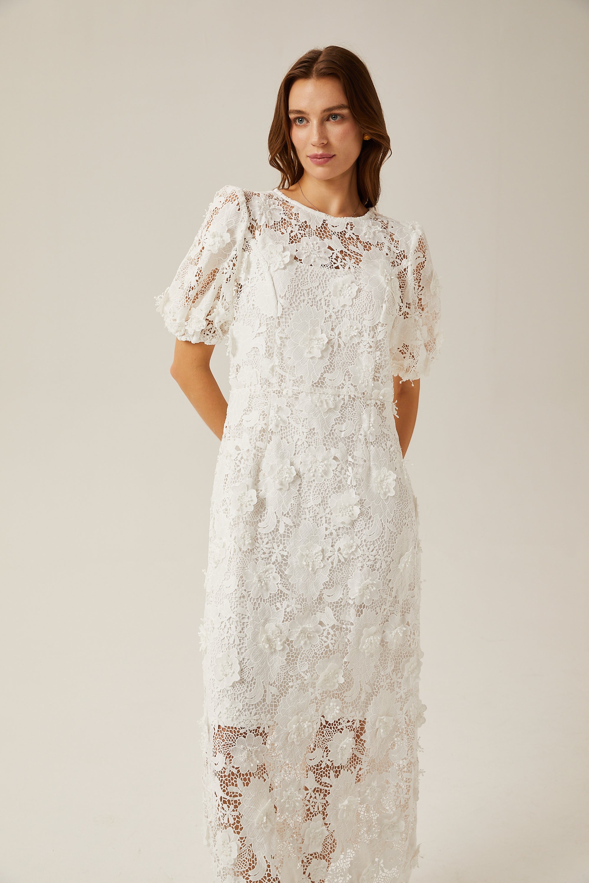 Μίντι Φόρεμα Valérie White Floral Lace
