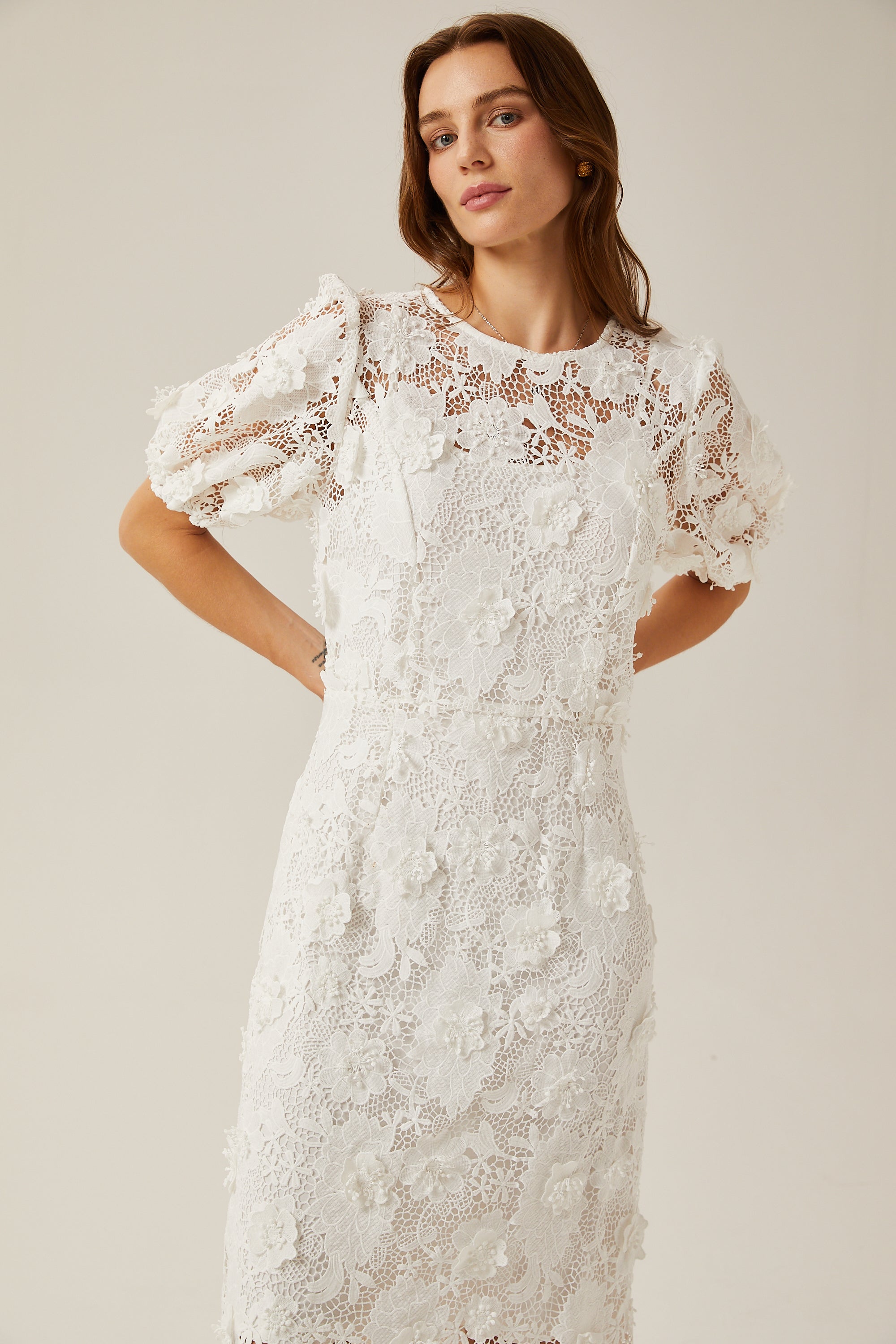 Μίντι Φόρεμα Valérie White Floral Lace