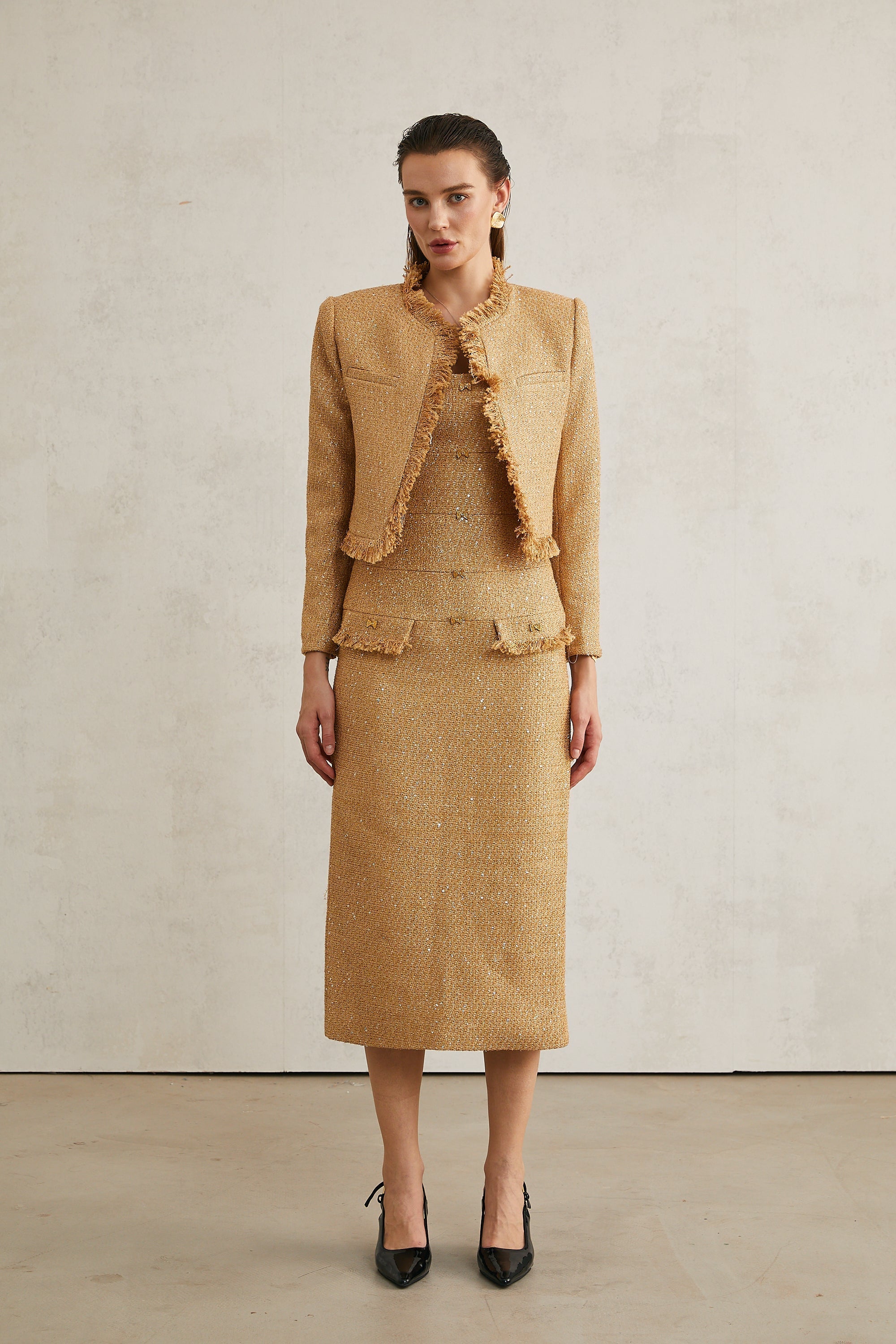 Σετ Ασορτί Σακάκι Και Φόρεμα Από Τουίντ Σε Χρυσό Χρώμα Aurora