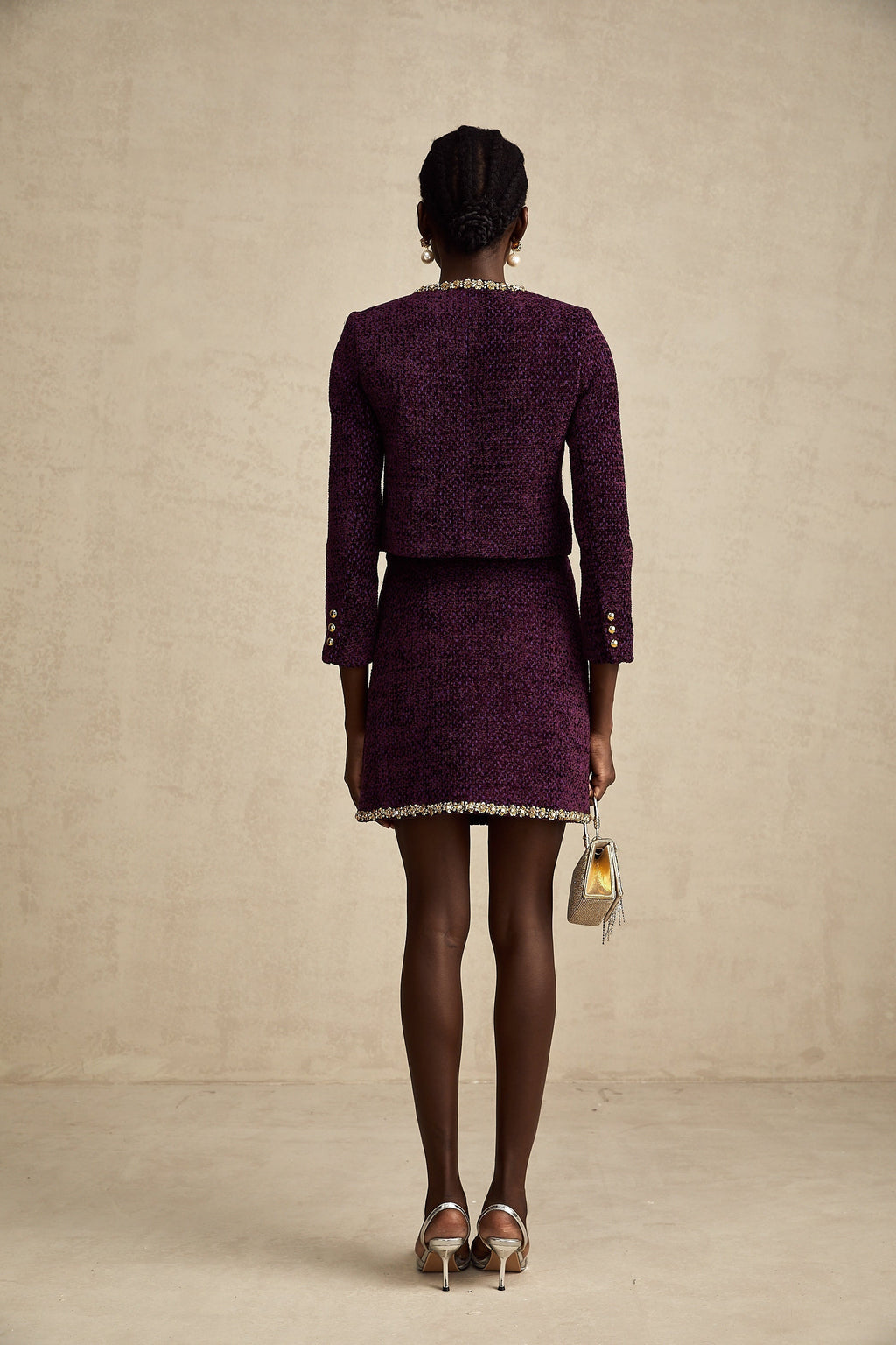 Σετ Ζακέτας Και Φούστας Από Τουίντ Με Μωβ Κρύσταλλα Elise