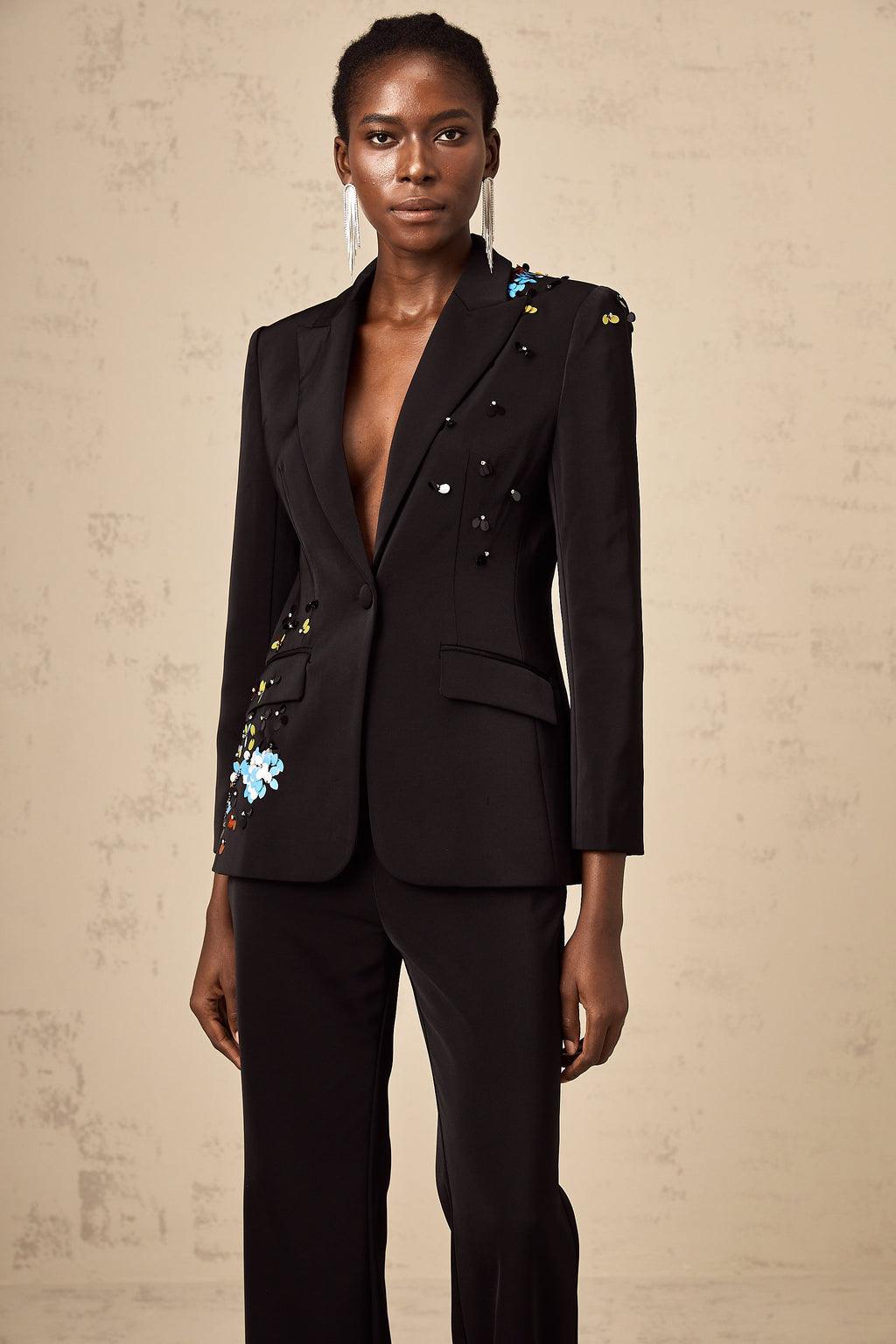 Σετ Simona Από Μαύρο Σακάκι Και Παντελόνι Με Πούλιες