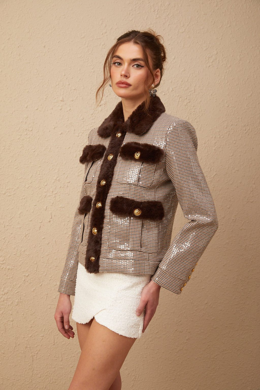 Μπουφάν Renée Houndstooth Με Πούλιες Από Τεχνητή Γούνα