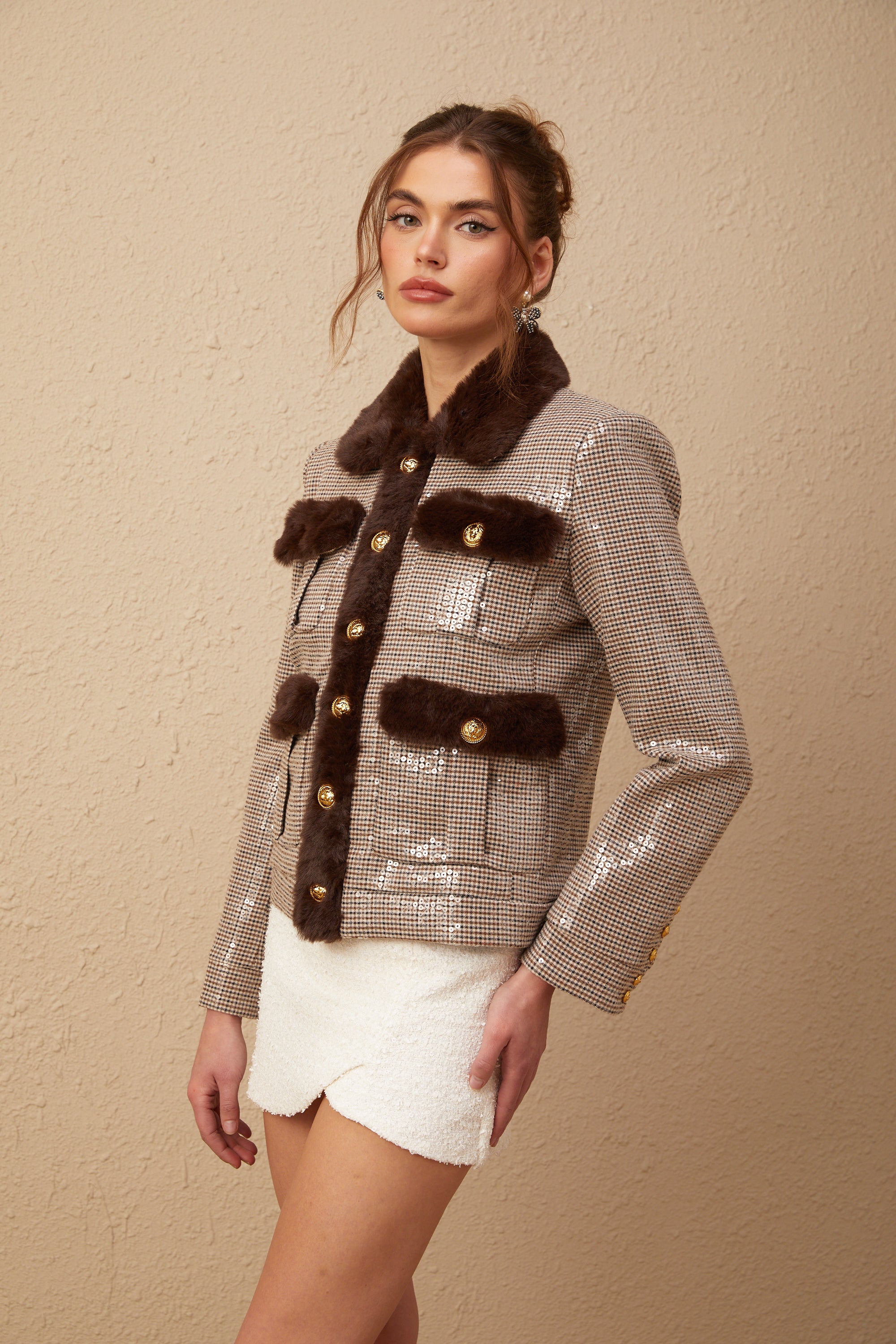 Μπουφάν Renée Houndstooth Με Πούλιες Από Τεχνητή Γούνα