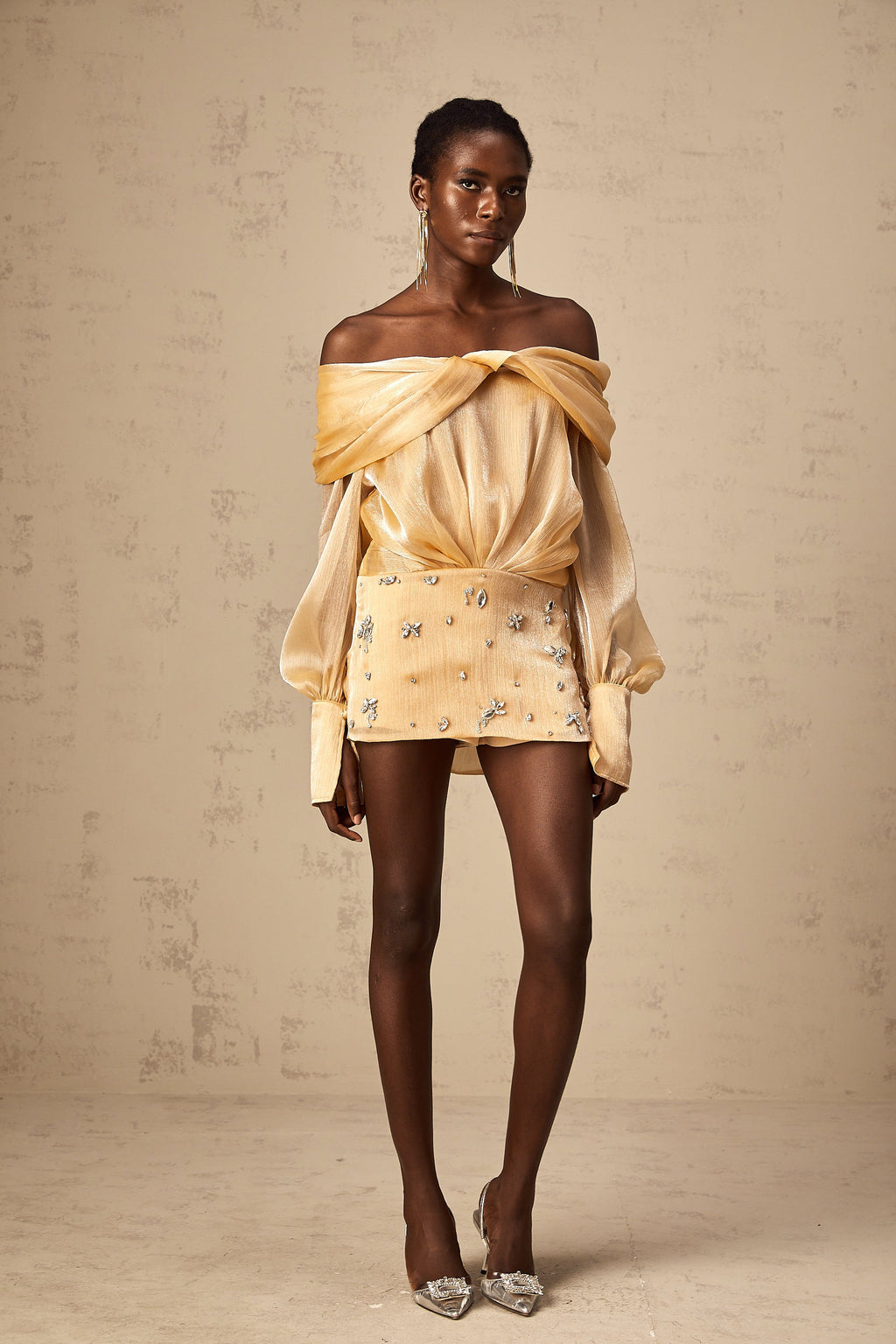 Μίνι Φόρεμα Adelina Με Χρυσό Κρύσταλλο Και Πάνελ