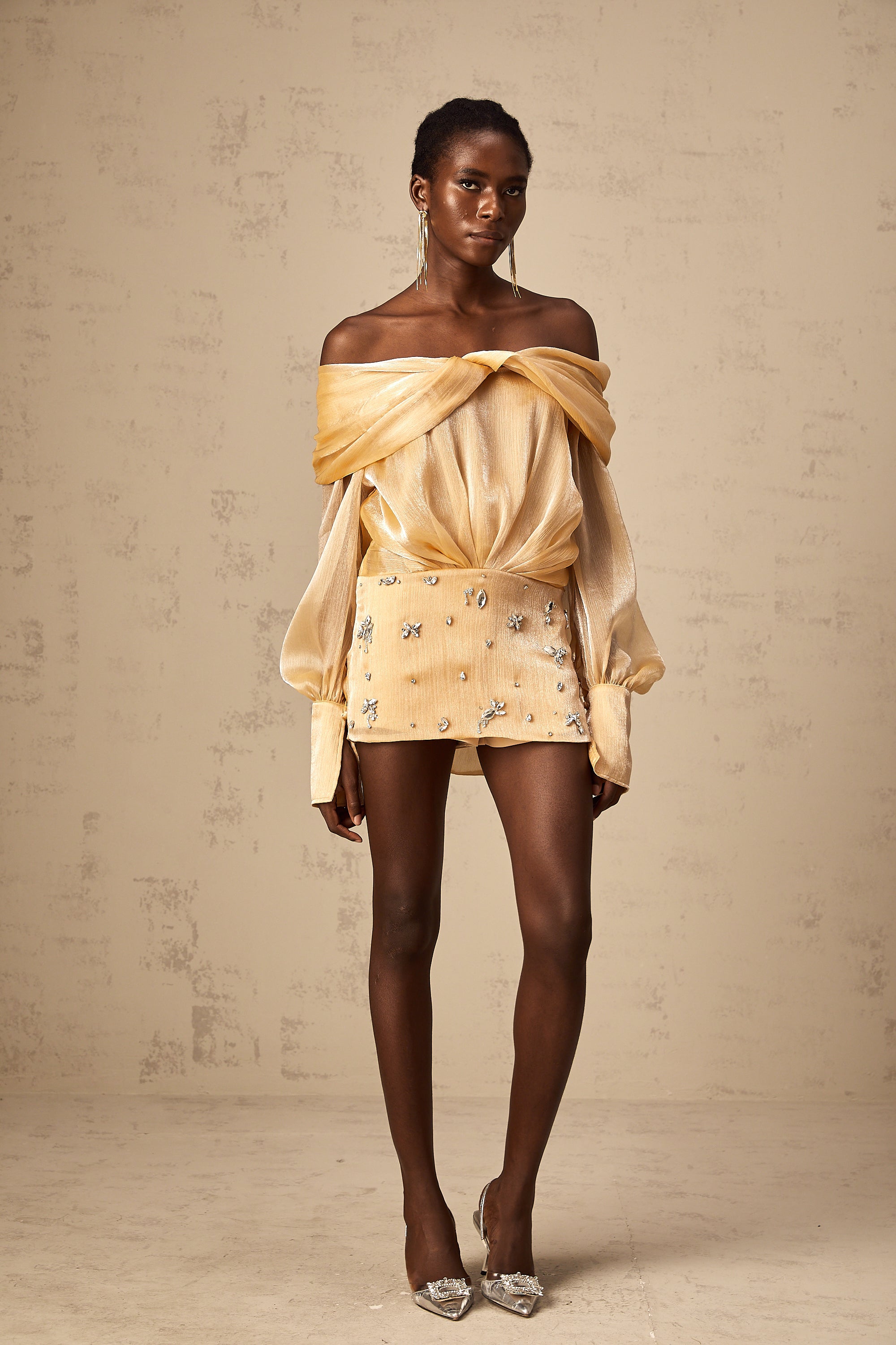 Μίνι Φόρεμα Adelina Με Χρυσό Κρύσταλλο Και Πάνελ