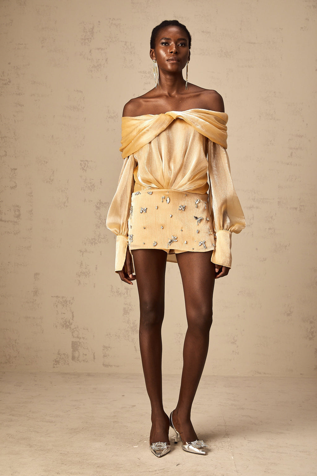 Μίνι Φόρεμα Adelina Με Χρυσό Κρύσταλλο Και Πάνελ