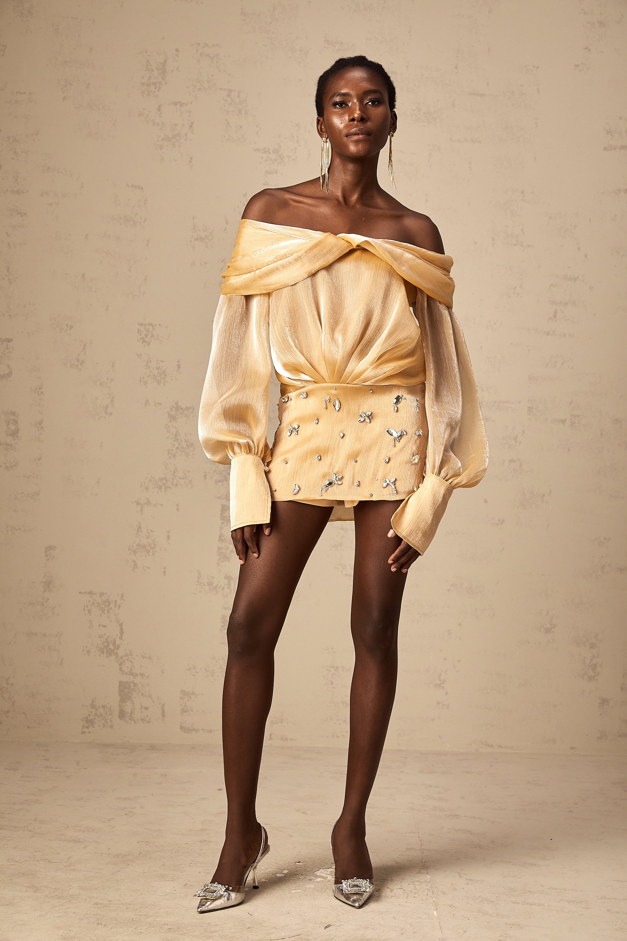 Μίνι Φόρεμα Adelina Με Χρυσό Κρύσταλλο Και Πάνελ