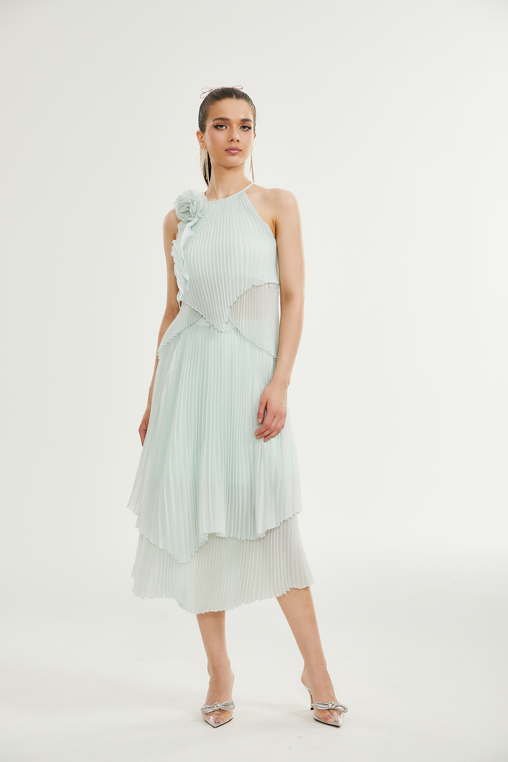 Σετ Ασορτί Πλισέ Τοπ Και Φούστα Fabrizia Με Ψεύτικα Λουλούδια